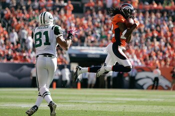 DENVER - OCTOBER 17: Corberback Syd'Quan Thompson #22 the Denver Broncos intercepts a pass intended for tight end Dustin Keller #81 of the New York Jets at INVESCO Field at Mile High on October 17, 2010 in Denver, Colorado. (Photo by Justin Edmonds/Gett DENVER - OCTOBER 17: Corberback Syd'Quan Thompson #22 the Denver Broncos intercepts a pass intended for tight end Dustin Keller #81 of the New York Jets at INVESCO Field at Mile High on October 17, 2010 in Denver, Colorado. (Photo by Justin Edmonds/Gett