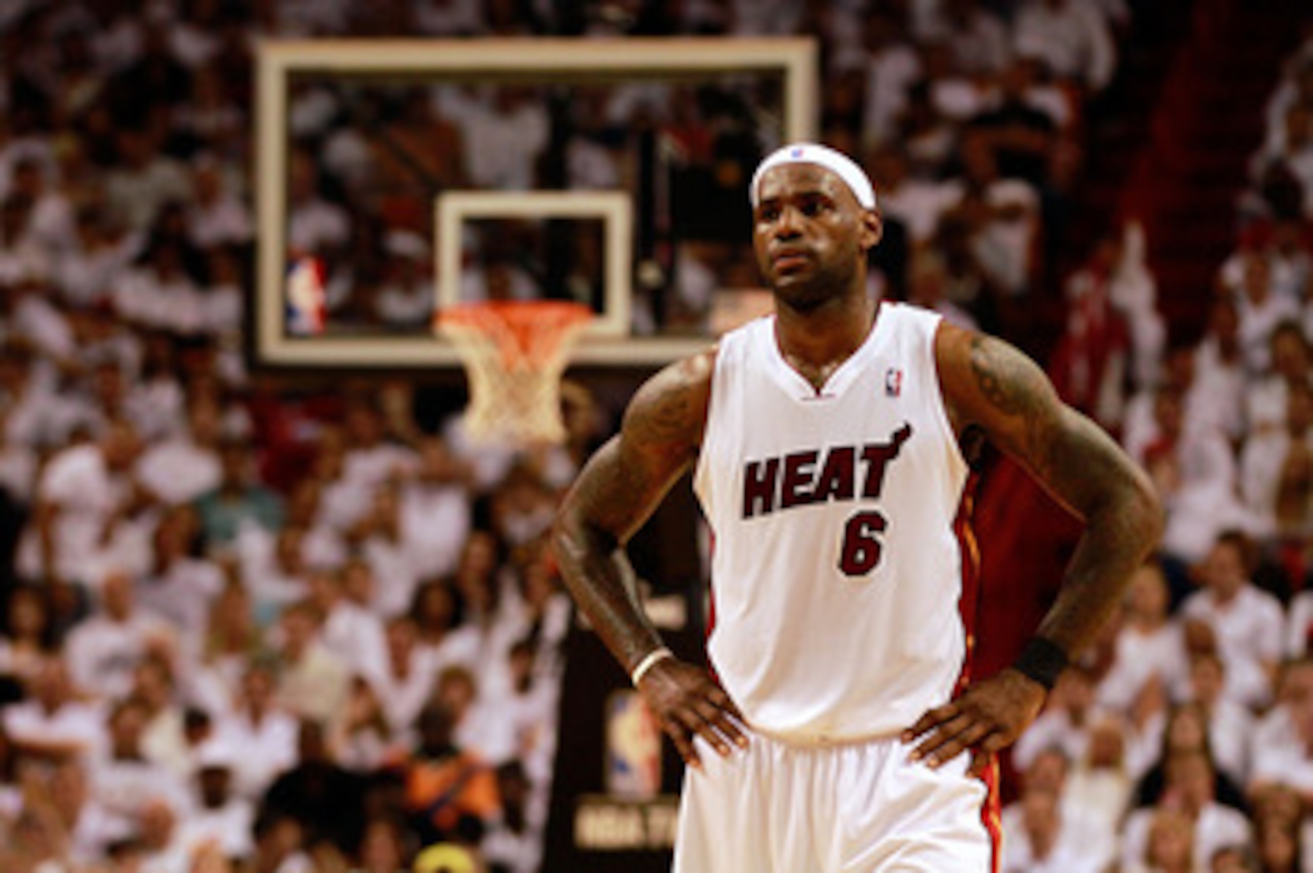 MIAMI, FL - MAY 24:  LeBron James #6 of the Miami Heat looks on against the Chicago Bulls in Game Four of the Eastern Conference Finals during the 2011 NBA Playoffs on May 24, 2011 at American Airlines Arena in Miami, Florida. NOTE TO USER: User expressly