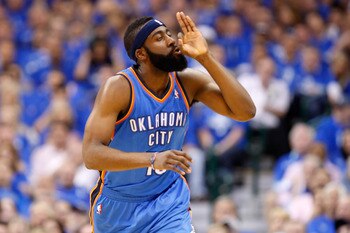 DALLAS, TX - MAY 17:  James Harden #13 of the Oklahoma City Thunder reacts in the first half while taking on the Dallas Mavericks in Game One of the Western Conference Finals during the 2011 NBA Playoffs at American Airlines Center on May 17, 2011 in Dall