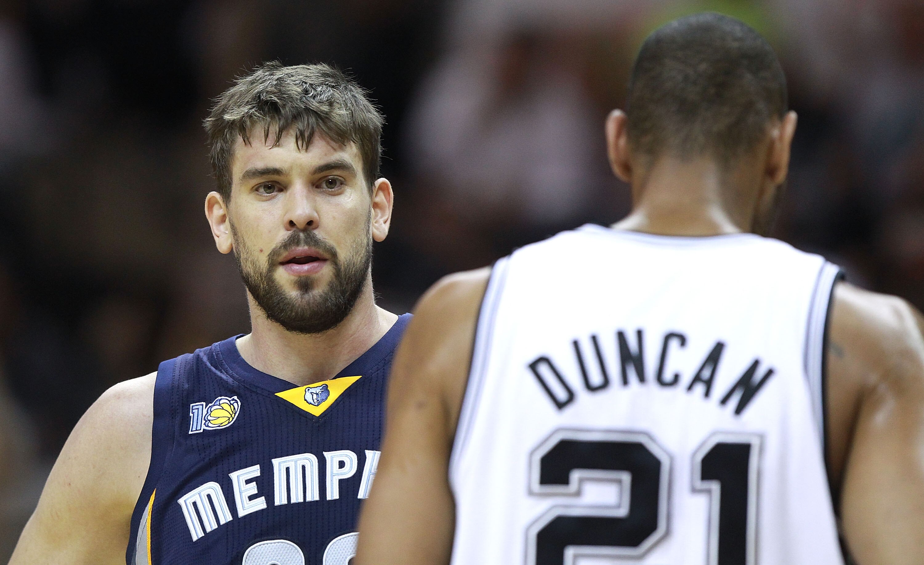SAN ANTONIO, TX - APRIL 27:  Marc Gasol #33 of the Memphis Grizzlies looks on against Tim Duncan #21 of the San Antionio Spurs in Game Five of the Western Conference Quarterfinals in the 2011 NBA Playoffs on April 27, 2011 at AT&T Center in San Antonio, T