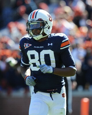 AUBURN, AL - NOVEMBER 06:  Wide receiver Emory Blake #80 of the Auburn Tigers plays against the Chattanooga Mocs November 6, 2010 at Jordan-Hare Stadium in Auburn, Alabama.  (Photo by Al Messerschmidt/Getty Images)