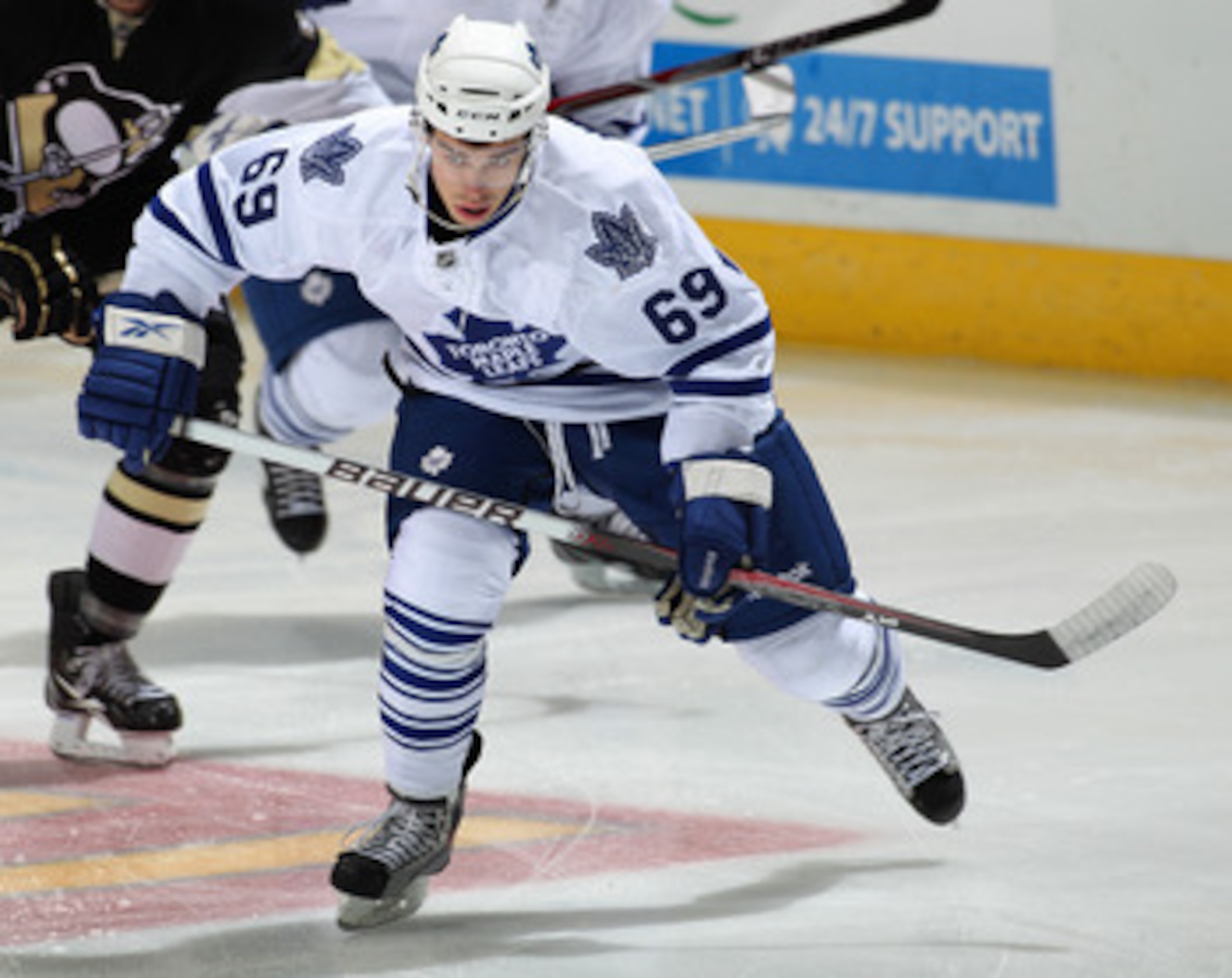 LONDON,ON - SEPTEMBER 12:  Greg McKegg #69 of the Toronto Maple Leafs skates in a game against the Pittsburgh Penguins during the NHL Rookie Tournament on September 12,2010 at the John Labatt Centre in London, Ontario. The Penguins defeated the Leafs 2-1.