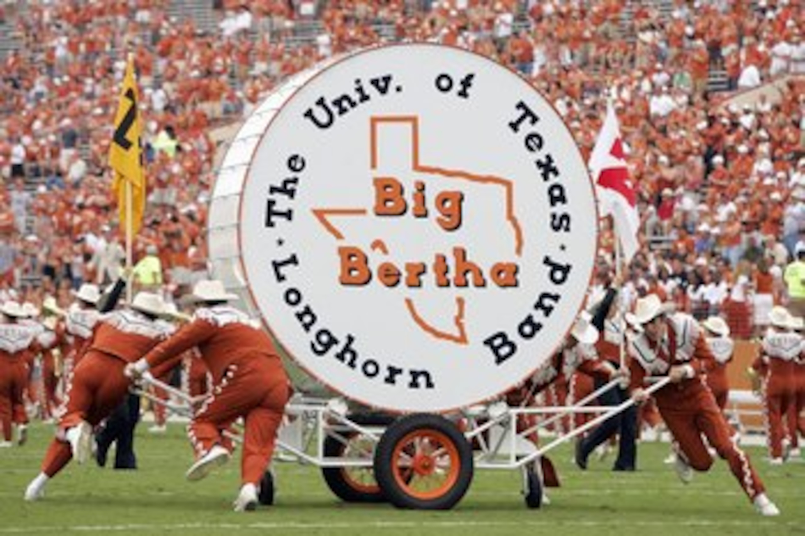 AUSTIN, TX - SEPTEMBER 29: The Texas Longhorns band rolls out Big Bertha drum during the game against of the Kansas State Wildcats on September 29, 2007 at Darrell K Royal-Texas Memorial Stadium in Austin, Texas.  Kansas State won 41-21.  (Photo by Brian
