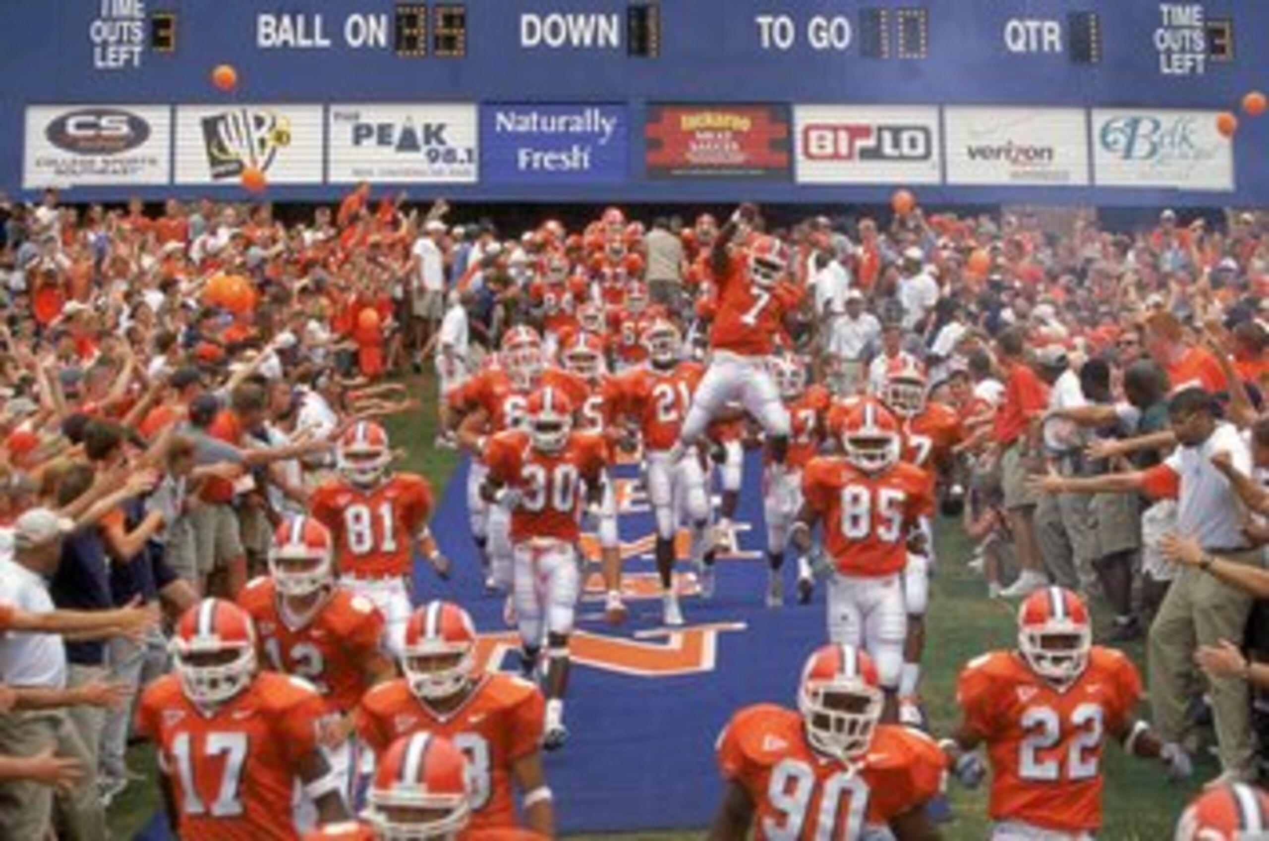 9 Sep 2000:  The Clemson Tigers enter the field with the crowd welcoming them during the game against the Missouri Tigers at Frank Howard Field in Clemson, South Carolina. Clemson defeated Missouri 62-7.Mandatory Credit: Craig Jones  /Allsport