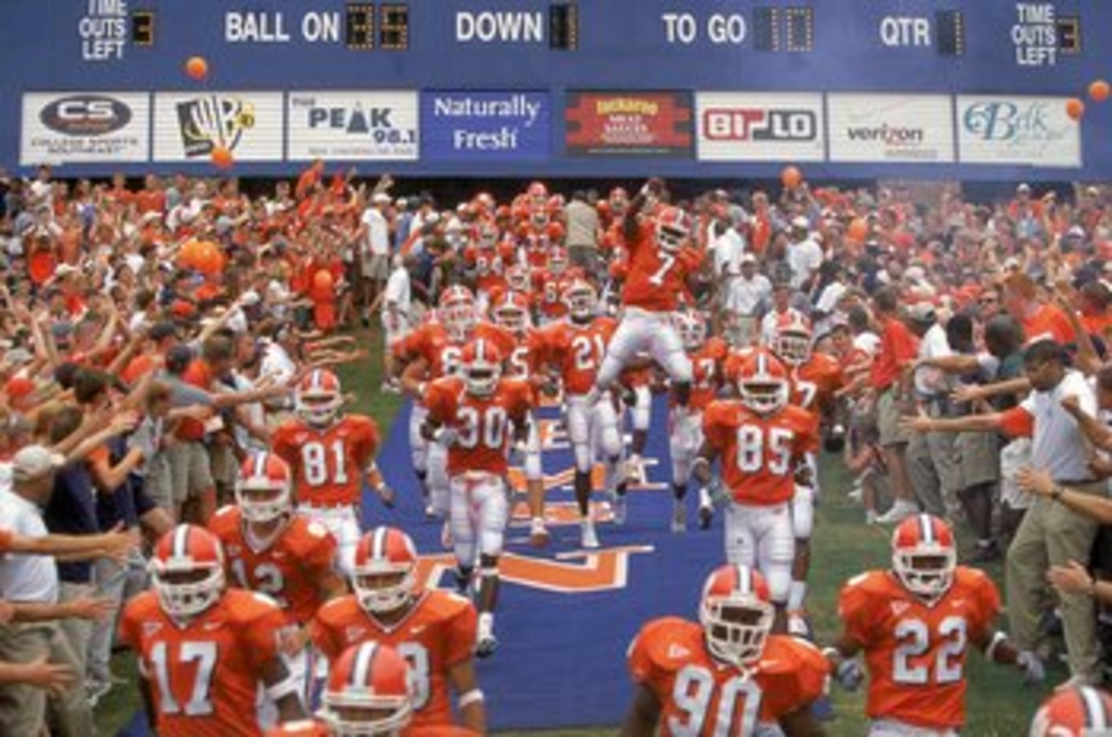 9 Sep 2000:  The Clemson Tigers enter the field with the crowd welcoming them during the game against the Missouri Tigers at Frank Howard Field in Clemson, South Carolina. Clemson defeated Missouri 62-7.Mandatory Credit: Craig Jones  /Allsport