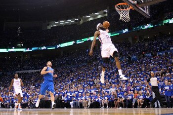 OKLAHOMA CITY, OK - MAY 21:  James Harden #13 of the Oklahoma City Thunder dunks the ball in the fourth quarter while taking on the Dallas Mavericks in Game Three of the Western Conference Finals during the 2011 NBA Playoffs at Oklahoma City Arena on May 