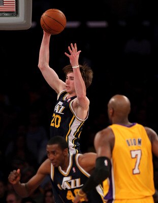 LOS ANGELES, CA - APRIL 05:  Gordon Hayward #20 of the Utah Jazz grabs a rebound against the Los Angeles Lakers at Staples Center on April 5, 2011 in Los Angeles, California. The Jazz won 86-85.  NOTE TO USER: User expressly acknowledges and agrees that,