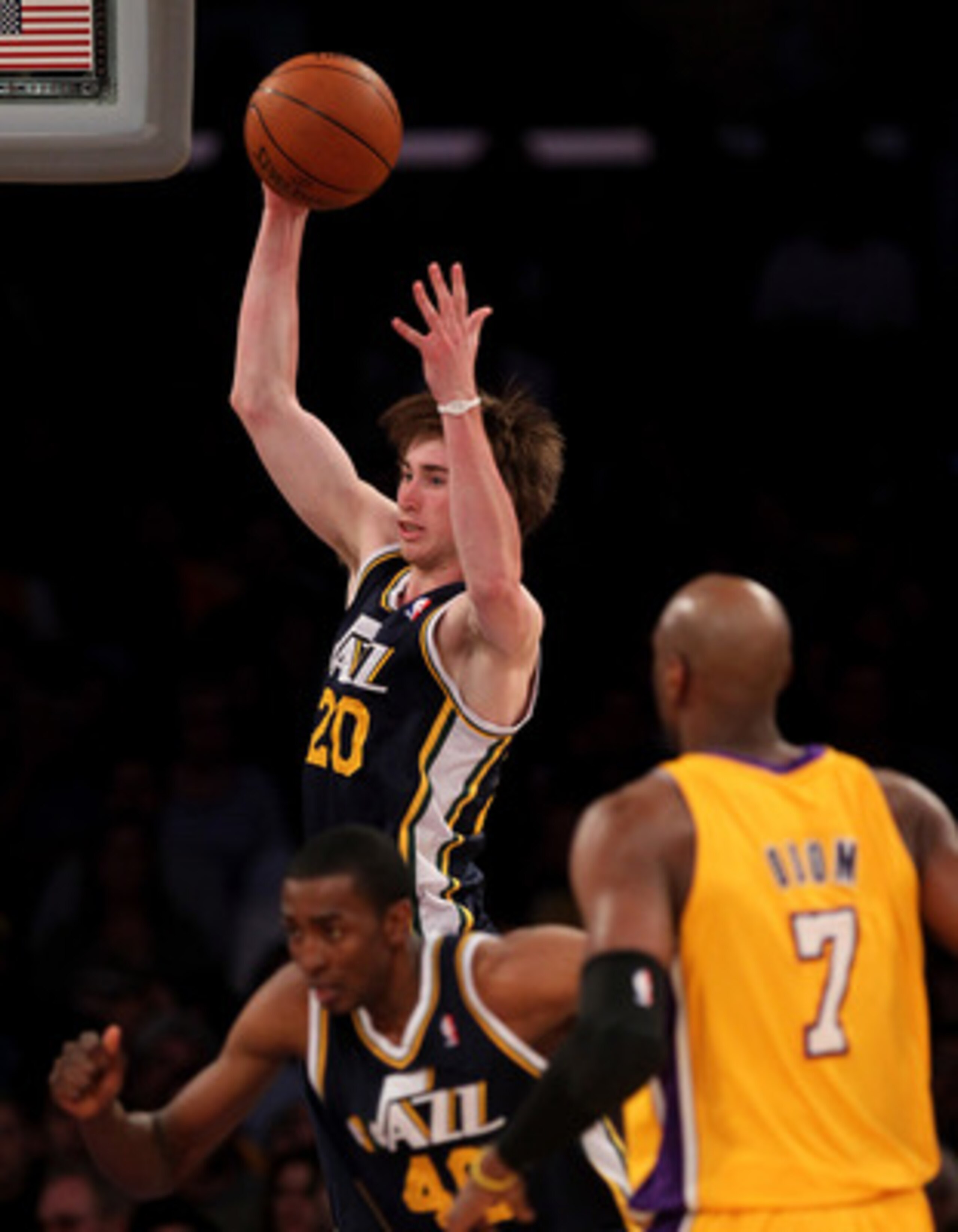LOS ANGELES, CA - APRIL 05:  Gordon Hayward #20 of the Utah Jazz grabs a rebound against the Los Angeles Lakers at Staples Center on April 5, 2011 in Los Angeles, California. The Jazz won 86-85.  NOTE TO USER: User expressly acknowledges and agrees that,