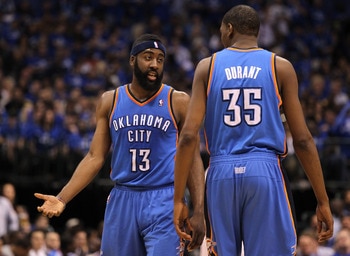 DALLAS, TX - MAY 19:  James Harden #13 of the Oklahoma City Thunder talks with Kevin Durant #35 in the first half while taking on the Dallas Mavericks in Game Two of the Western Conference Finals during the 2011 NBA Playoffs at American Airlines Center on