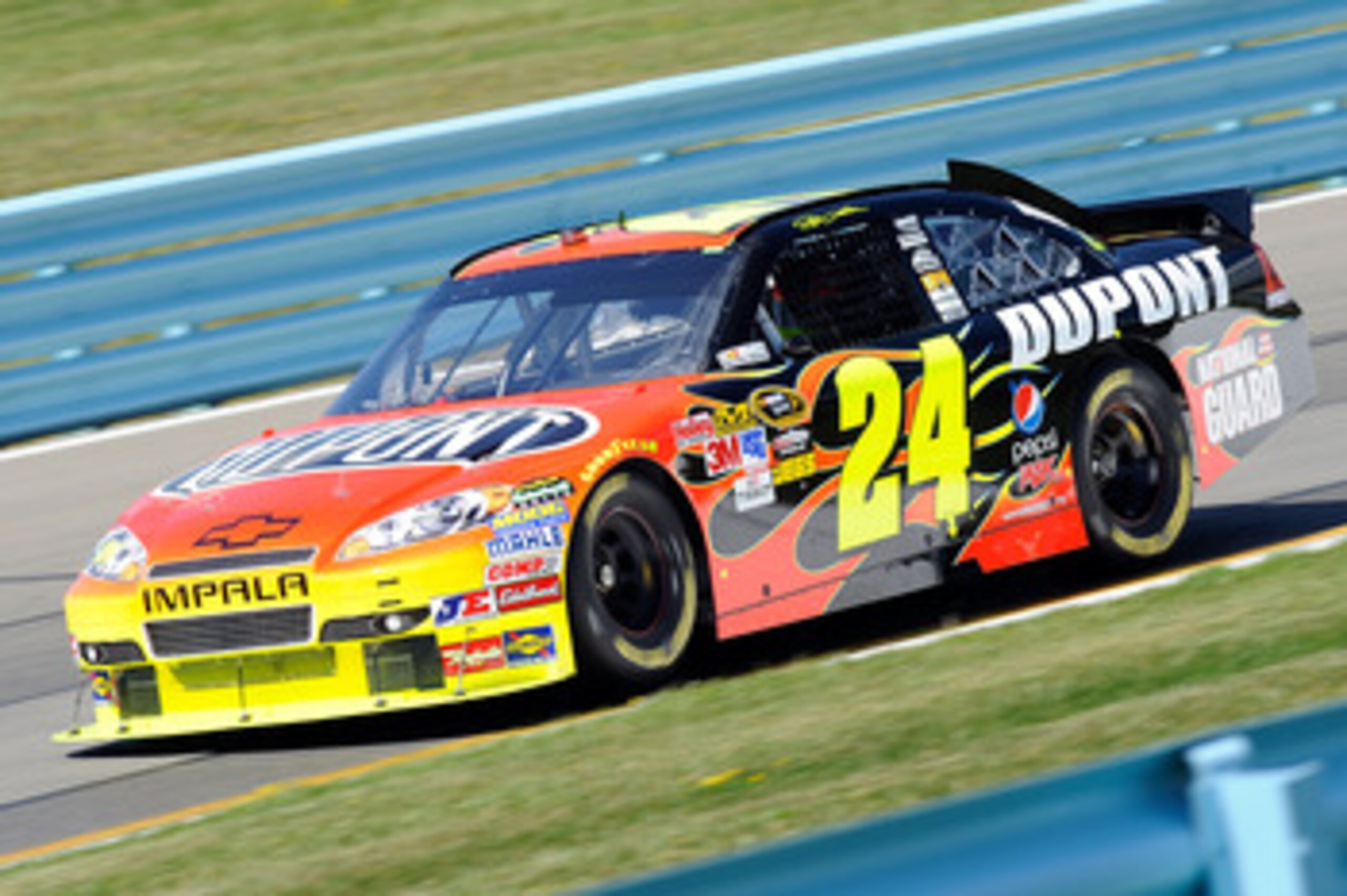 WATKINS GLEN, NY - AUGUST 06:  Jeff Gordon, drives the #24 DuPont Chevrolet, during practice for the NASCAR Heluva Good! Sour Cream Dips at The Glen on August 6, 2010 in Watkins Glen, New York.  (Photo by John Harrelson/Getty Images for NASCAR)