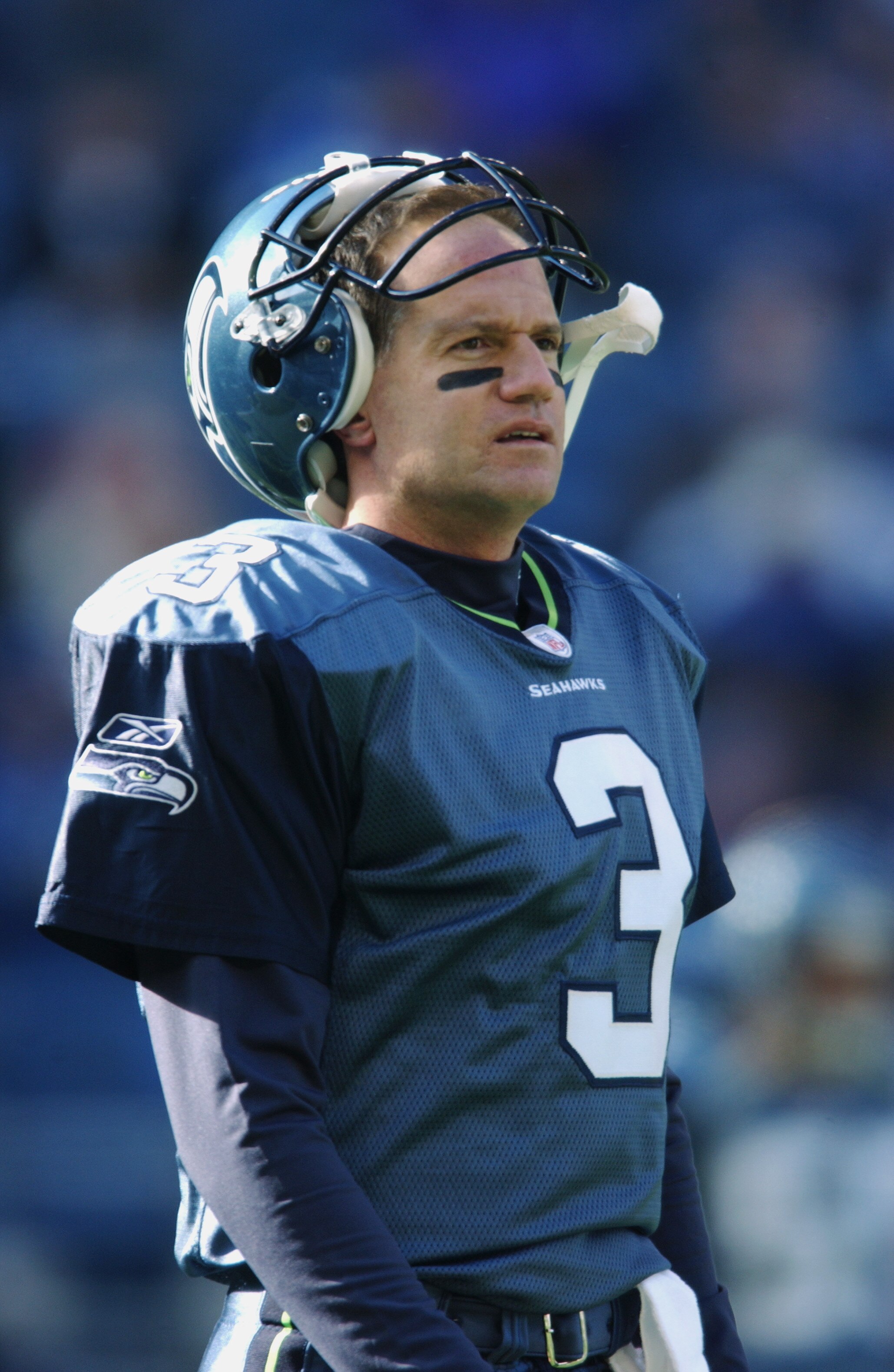 SEATTLE - NOVEMBER 3:  Quarterback Jeff George #3 of the Seattle Seahawks watches the defense play during the NFL game against the Washington Redskins at Seahawks Stadium on November 3, 2002 in Seattle, Washington. The Redskins defeated the Seahawks 14-3.