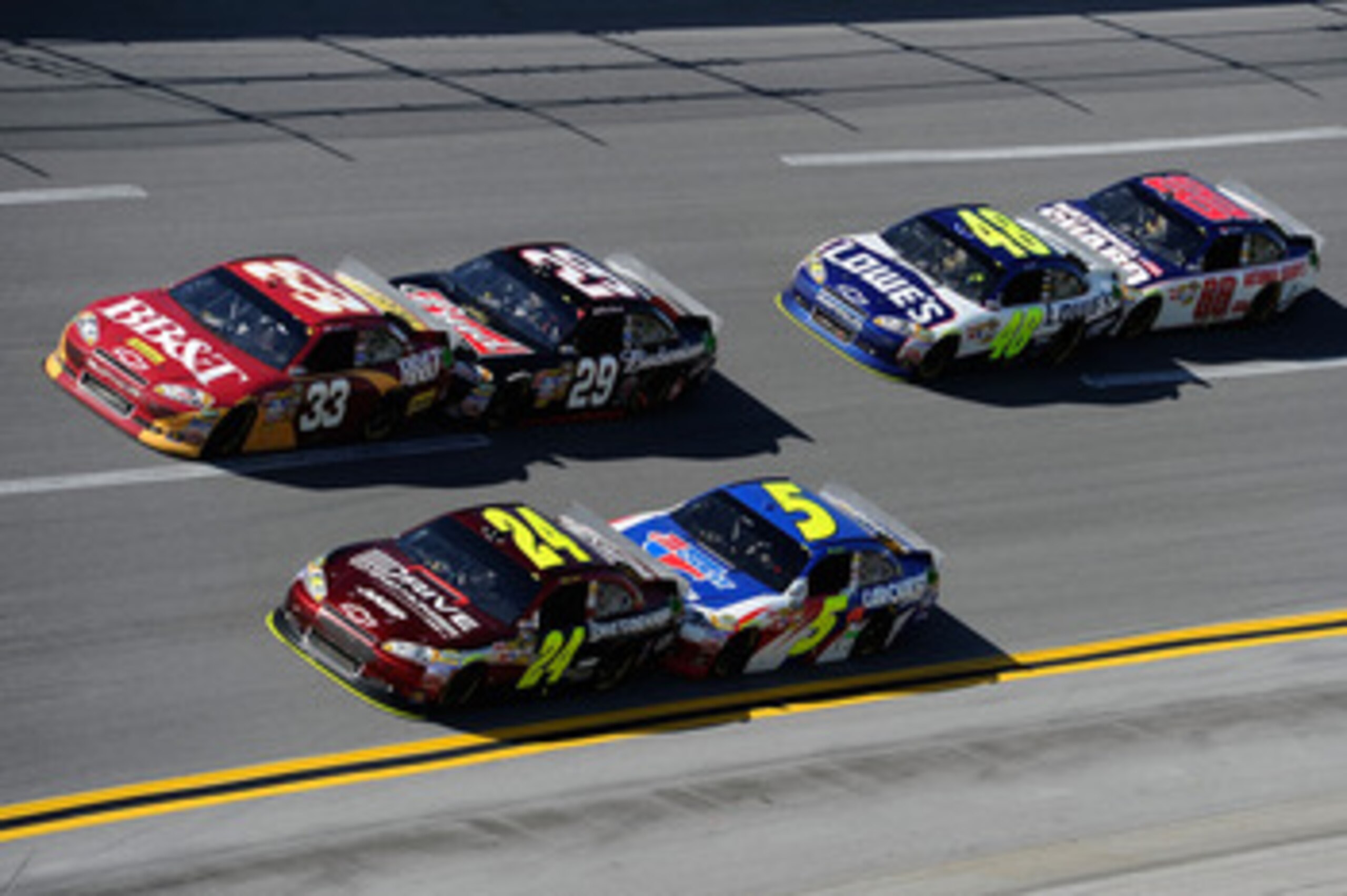 TALLADEGA, AL - APRIL 17:  Clint Bowyer, driver of the #33 BB&T Chevrolet, Jeff Gordon, driver of the #24 Drive to End Hunger/AARP Chevrolet, and Jimmie Johnson, driver of the #48 Lowe's Chevrolet, lead Kevin Harvick, driver of the #29 Budweiser Chevrolet