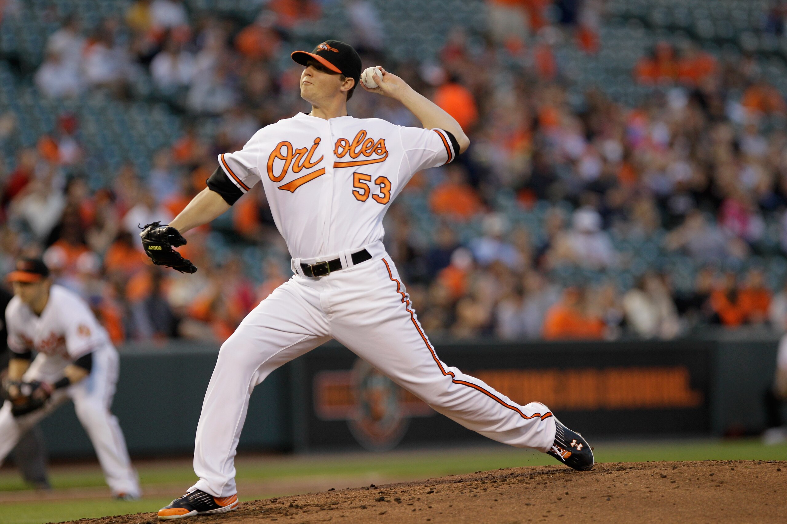 BALTIMORE, MD - MAY 12:  Starting pitcher Zach Britton #53 of the Baltimore Orioles delivers to a Seattle Mariners batter at Oriole Park at Camden Yards on May 12, 2011 in Baltimore, Maryland.  (Photo by Rob Carr/Getty Images)