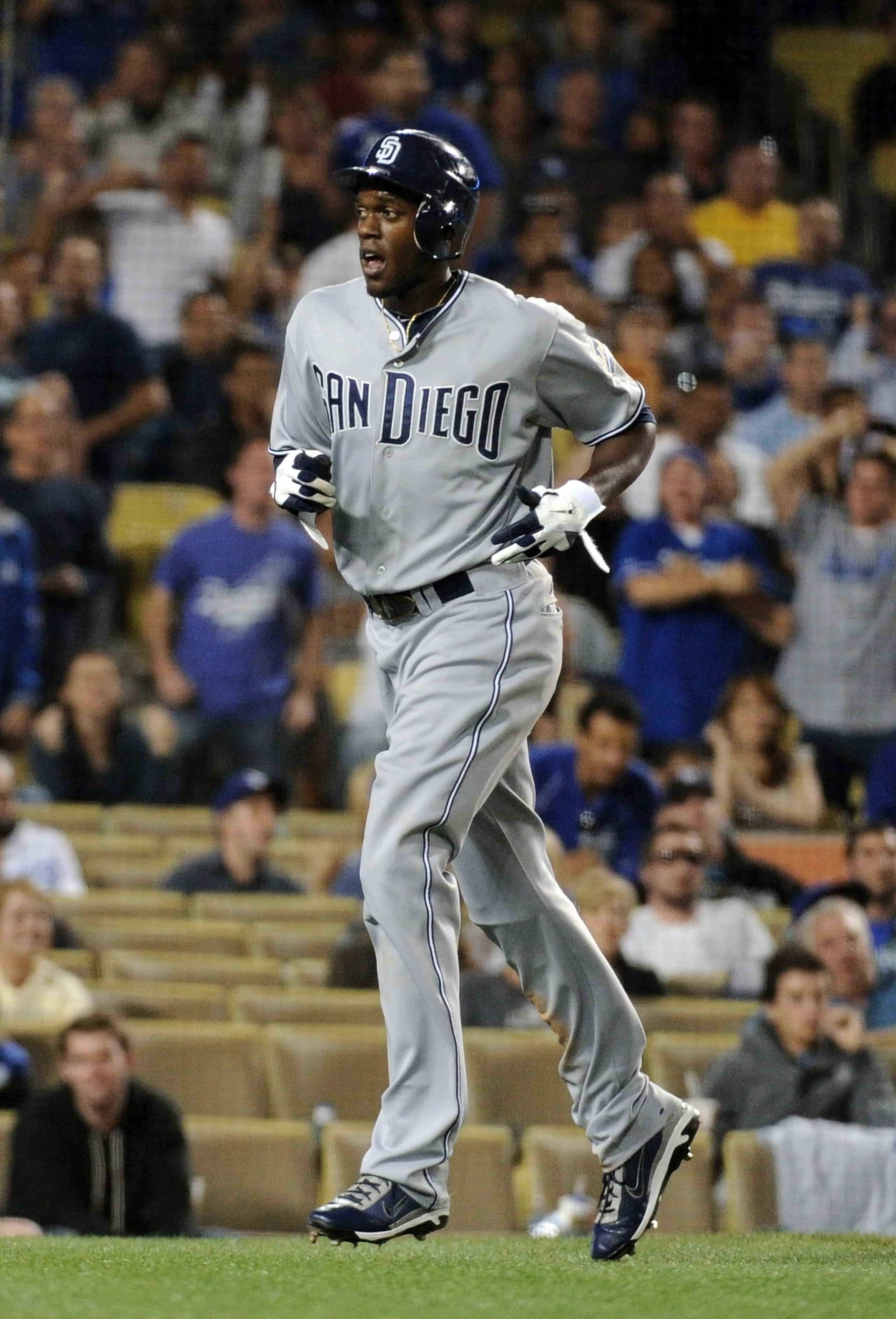 LOS ANGELES, CA - APRIL 30:  Cameron Maybin #24 of the San Diego Padres reacts after his run scored from a play at the plate against the Los Angeles Dodgers for a 1-1 TIE during the fifth inning at Dodger Stadium on April 30, 2011 in Los Angeles, Californ