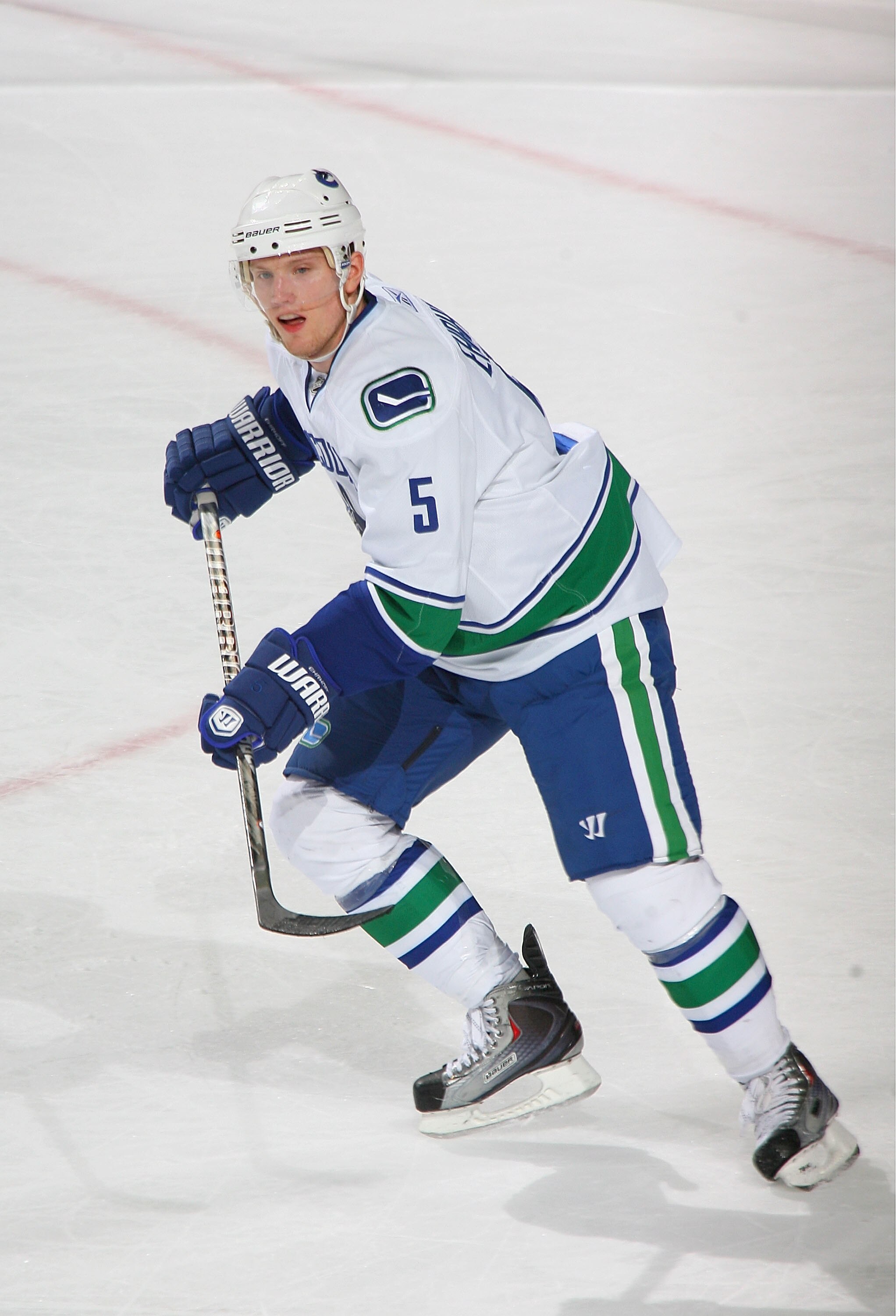 BUFFALO, NY - NOVEMBER 15:  Christian Erhoff #5 of the Vancouver Canucks skates against the Buffalo Sabres  at HSBC Arena on November 15, 2010 in Buffalo, New York. Buffalo won 4-3 in overtime.  (Photo by Rick Stewart/Getty Images)