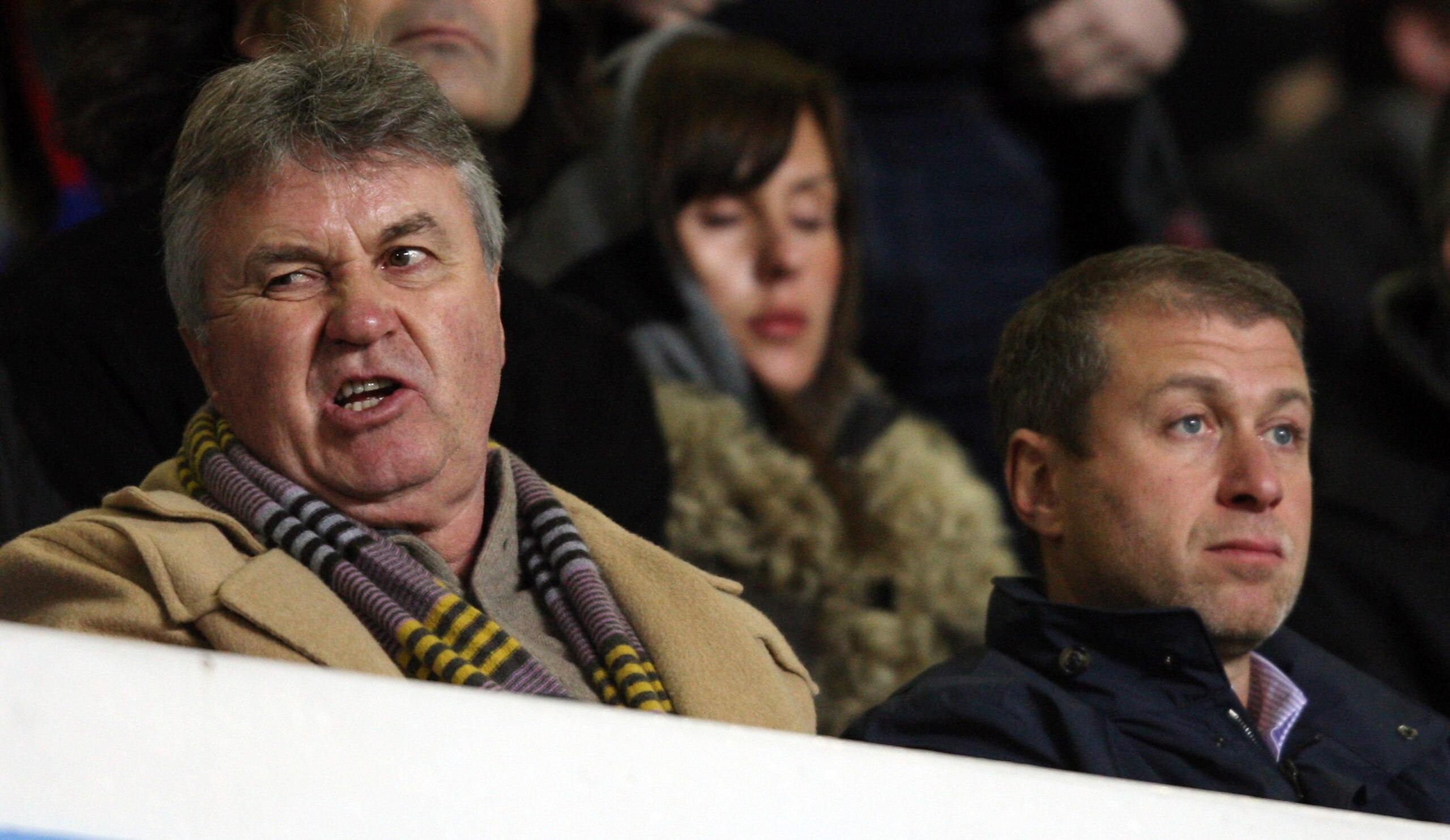BIRMINGHAM, UNITED KINGDOM - FEBRUARY 18:  Guus Hiddink, manager of Chelsea and owner Roman Abramovich at the UEFA Cup match between Aston Villa and CSKA Moscow at Villa Park on February 18, 2009 in Birmingham, England.  (Photo by Ross Kinnaird/Getty Imag