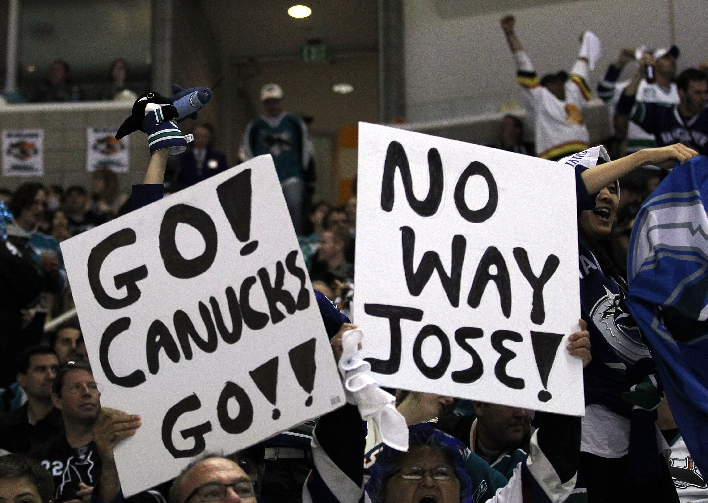 SAN JOSE, CA - MAY 22:  Vancouver Canucks fans show their support during Game Four of the Western Conference Finals between the Vancouver Canucks and the San Jose Sharks during the 2011 Stanley Cup Playoffs at HP Pavilion on May 22, 2011 in San Jose, Cali