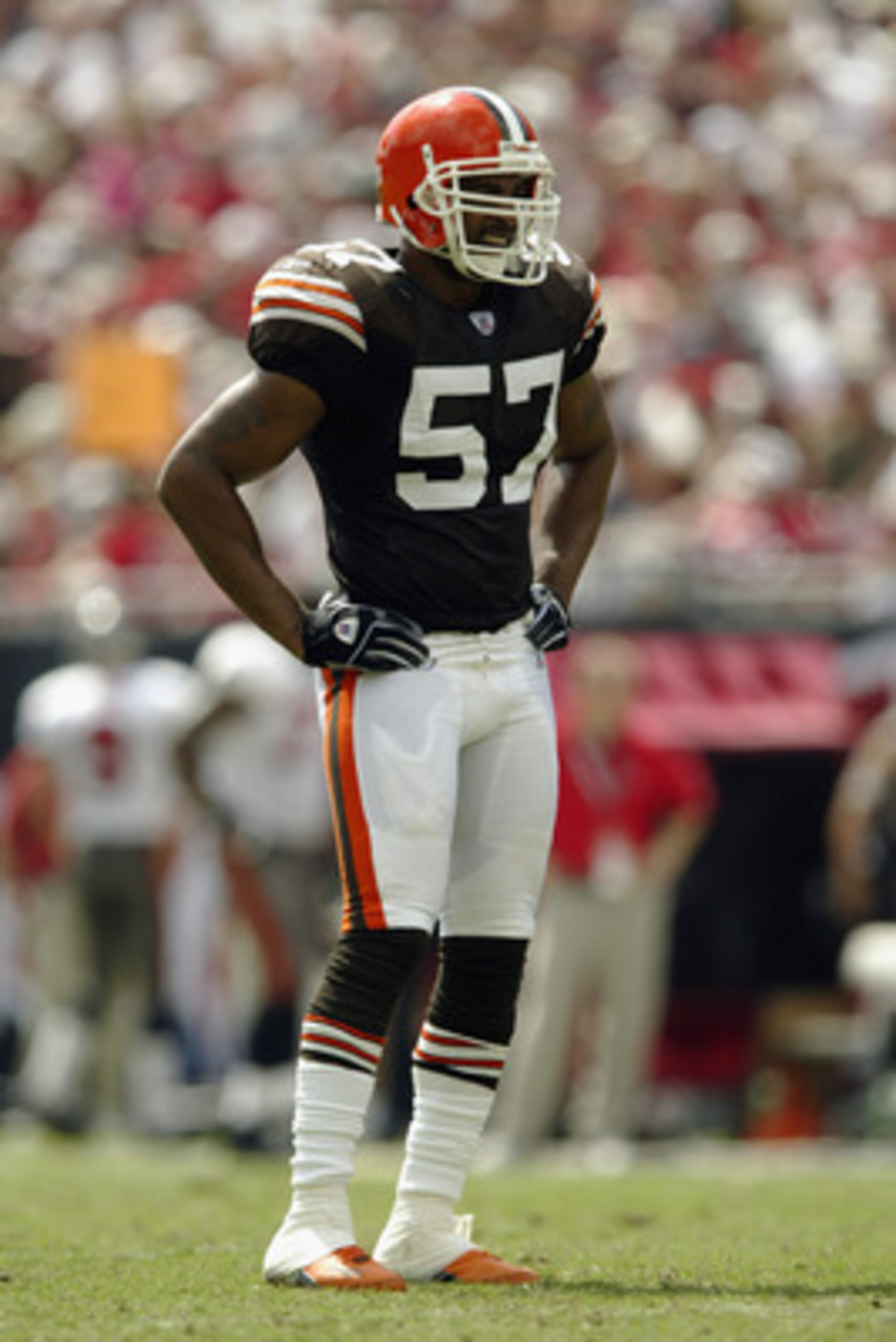 TAMPA, FL - OCTOBER 13:  Linebacker Dwayne Rudd #57 of the Cleveland Browns stands on the field during the NFL game against the Tampa Bay Buccaneers on October 13, 2002 at Raymond James Stadium in Tampa, Florida.  The Buccaneers won 17-3. (Photo by Andy L