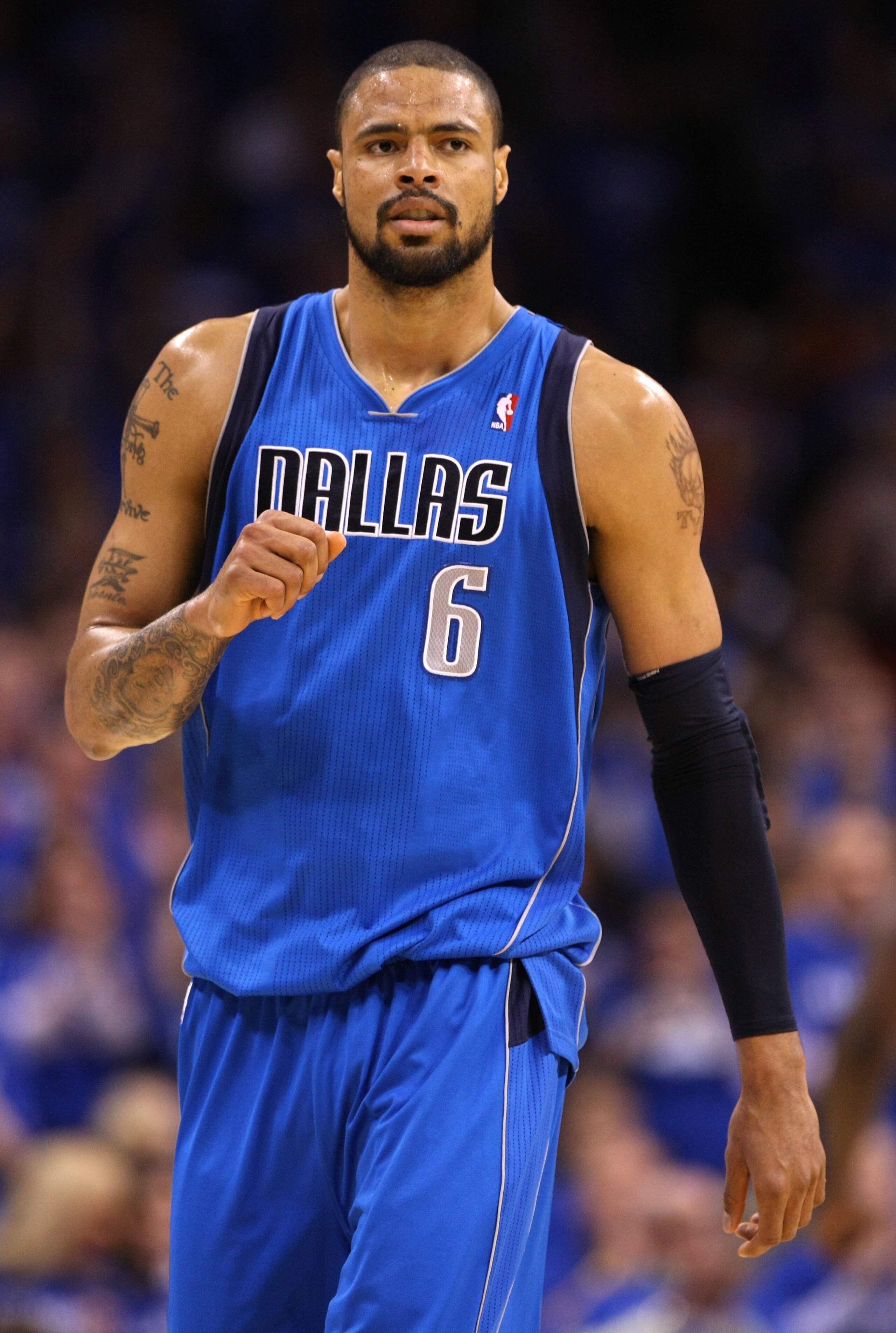 OKLAHOMA CITY, OK - MAY 23:  Tyson Chandler #6 of the Dallas Mavericks reacts in the first half while taking on the Oklahoma City Thunder in Game Four of the Western Conference Finals during the 2011 NBA Playoffs at Oklahoma City Arena on May 23, 2011 in