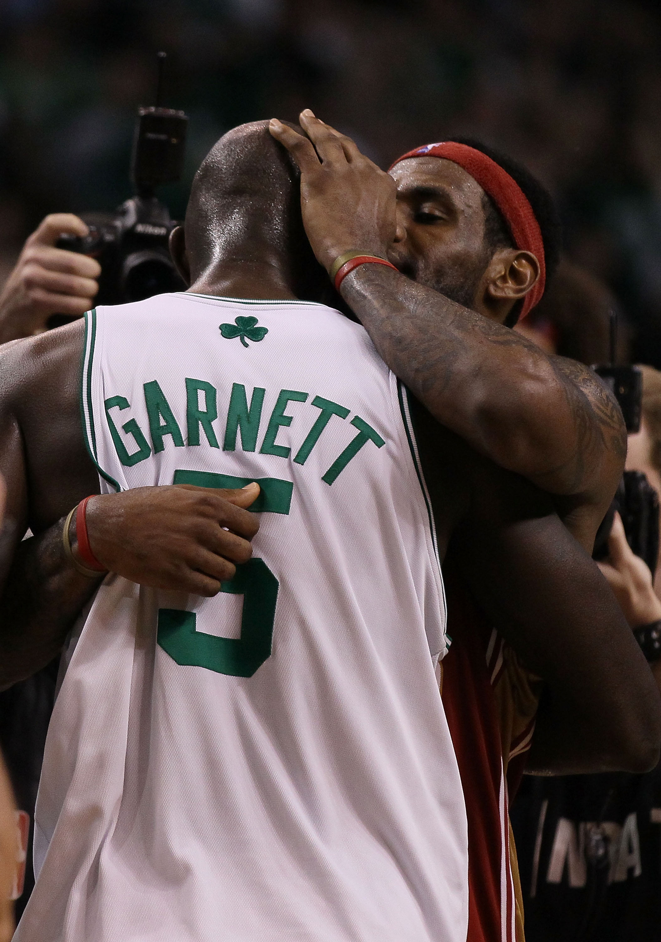 BOSTON - MAY 13:  LeBron James #23 of the Cleveland Cavaliers congratulates Kevin Garnett #5 of the Boston Celtics after Game Six of the Eastern Conference Semifinals of the 2010 NBA playoffs at TD Garden on May 13, 2010 in Boston, Massachusetts. The Celt