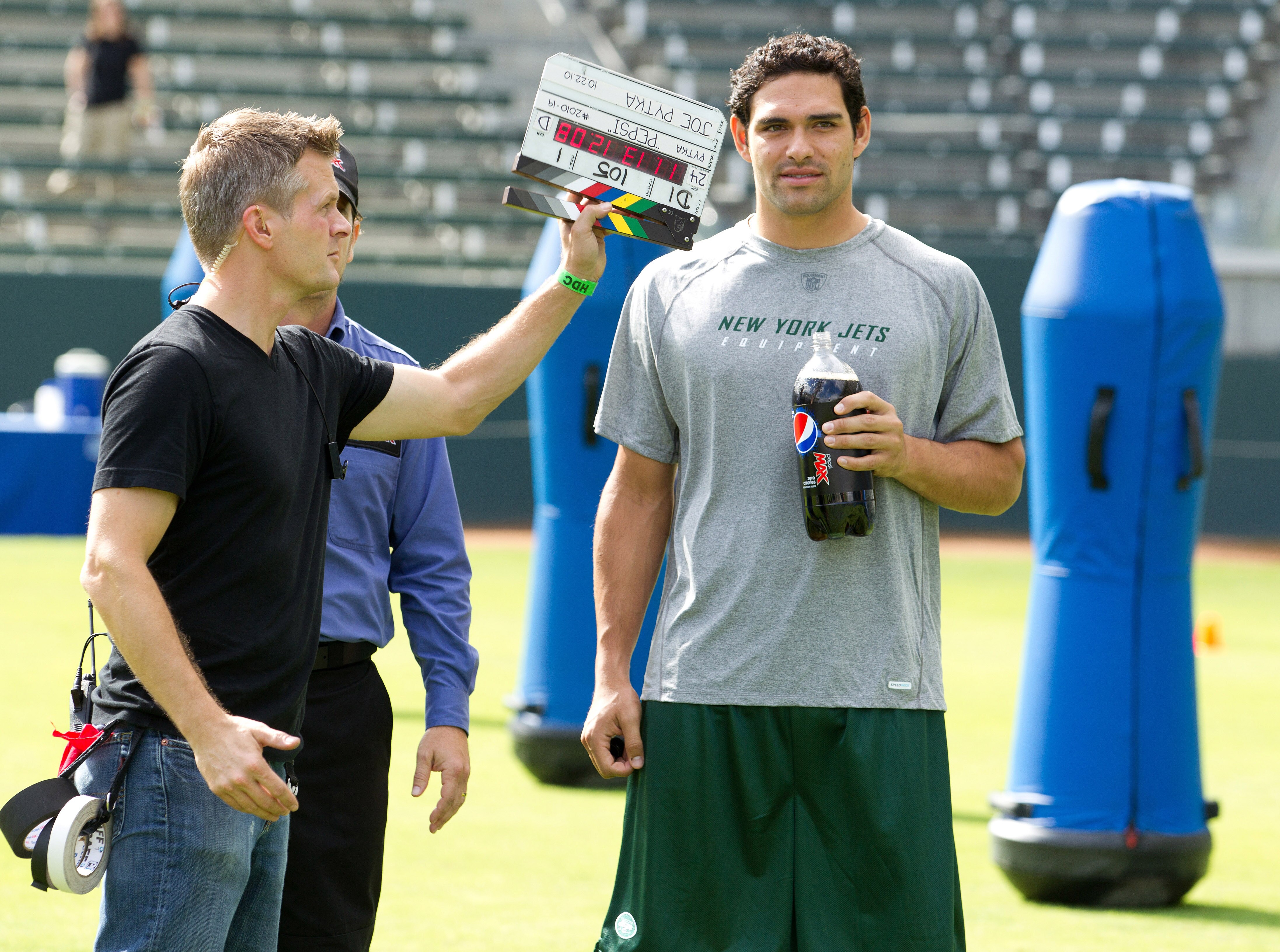 CARSON, CA - OCTOBER 22:  New York Jets quarterback Mark Sanchez shoots a scene with the Pepsi MAX driver on the set of the new zero calorie Pepsi MAX NFL commercial at The Home Depot Center on October 22, 2010 in Carson, California. The ad, which debuts
