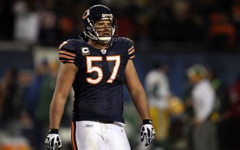 CHICAGO, IL - JANUARY 23:  Olin Kreutz #57 of the Chicago Bears looks on late in the fourth quarter against the Green Bay Packers in the NFC Championship Game at Soldier Field on January 23, 2011 in Chicago, Illinois.  (Photo by Jonathan Daniel/Getty Imag