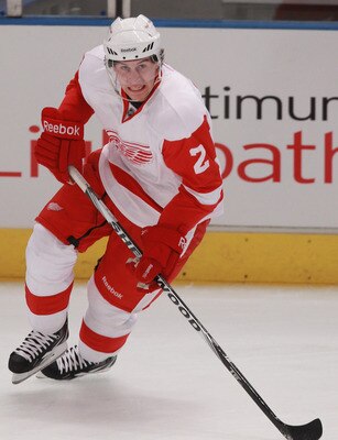 NEW YORK - SEPTEMBER 29: Brendan Smith #2 of the Detroit Red Wings skates in warmups prior to his game against the New York Rangers at Madison Square Garden on September 29, 2010 in New York City. The Rangers defeated the Red Wings 5-1.  (Photo by Bruce B