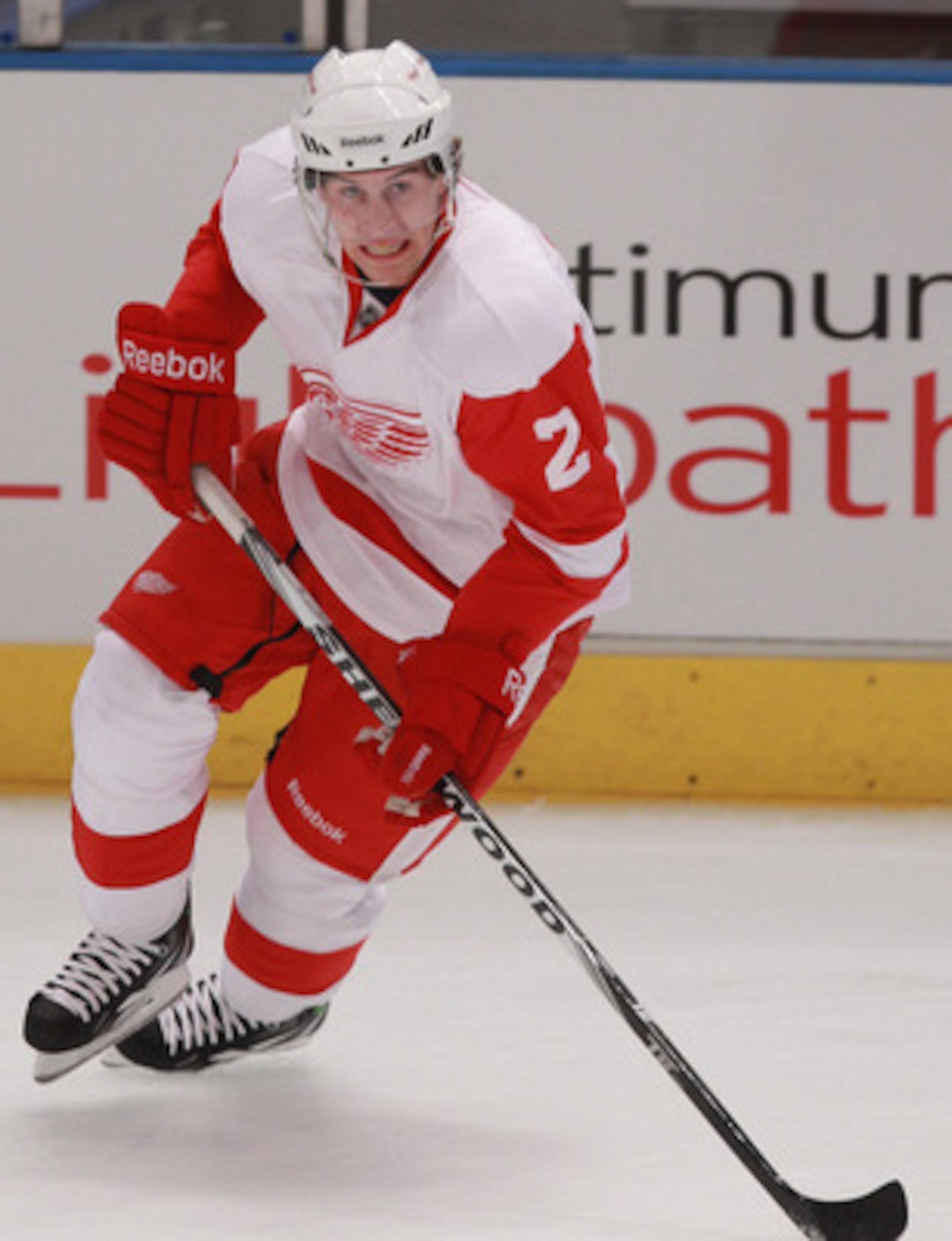 NEW YORK - SEPTEMBER 29: Brendan Smith #2 of the Detroit Red Wings skates in warmups prior to his game against the New York Rangers at Madison Square Garden on September 29, 2010 in New York City. The Rangers defeated the Red Wings 5-1.  (Photo by Bruce B