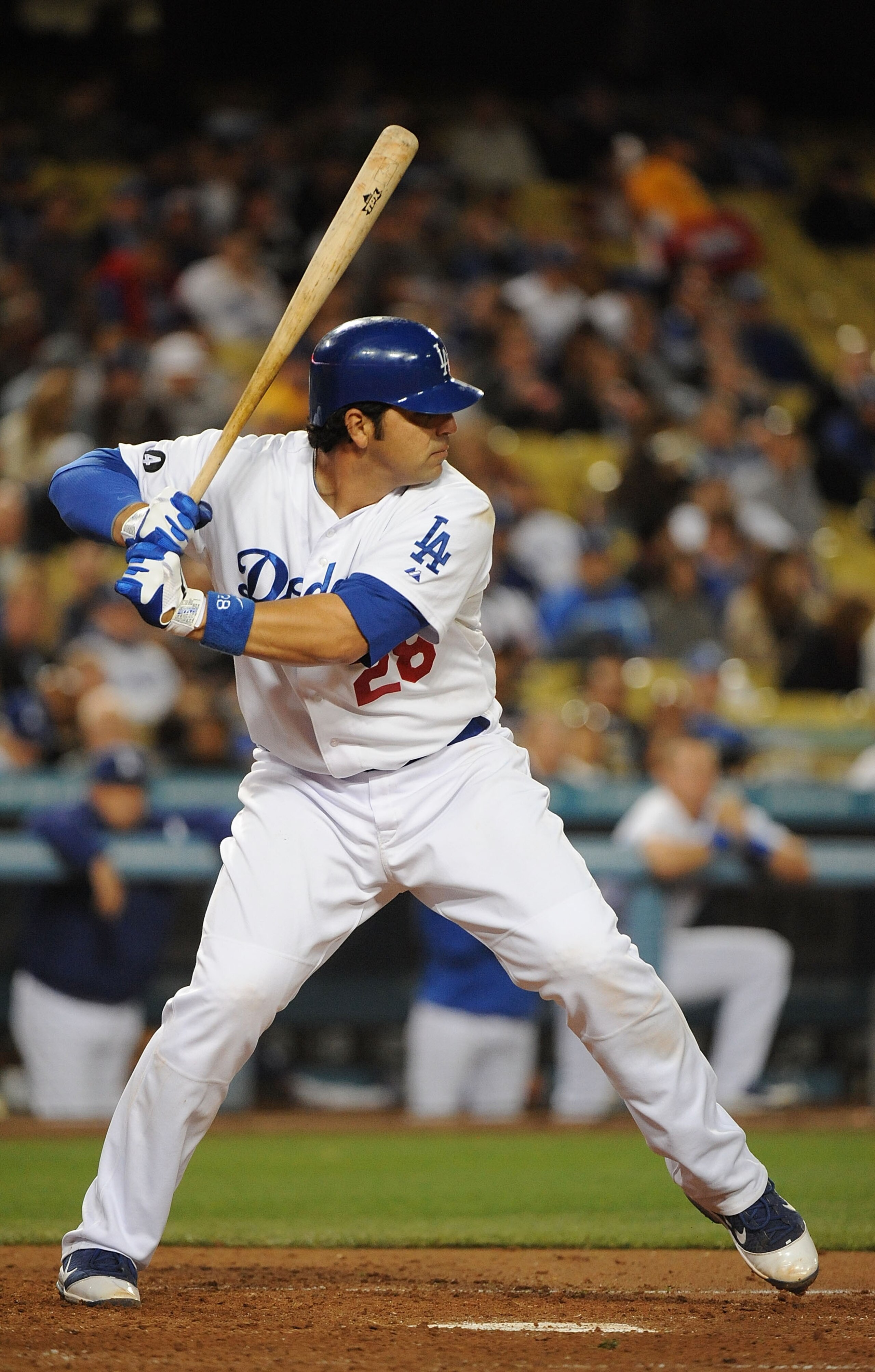 LOS ANGELES, CA - APRIL 20:  Rod Barajas #28 of the Los Angeles Dodgers at bat against the Atlanta Braves at Dodger Stadium on April 20, 2011 in Los Angeles, California.  (Photo by Lisa Blumenfeld/Getty Images)
