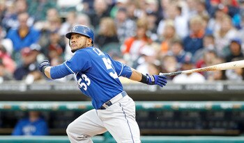 DETROIT, MI - MAY 14: Melky Cabrera #53 of the Kansas City Royals flies out to right field during the third inning of the game against the Detroit Tigers at Comerica Park on May 14, 2011 in Detroit, Michigan. The Tigers defeated the Royals 3-0.  (Photo by