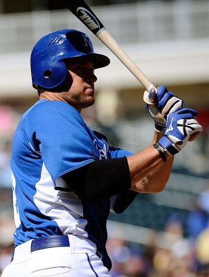 SURPRISE, AZ - MARCH 12:  Mitch Maier #12 of the Kansas City Royals plays in the spring training baseball game against the Los Angeles Dodgers at Surprise Stadium on March 12, 2011 in Surprise, Arizona.  (Photo by Kevork Djansezian/Getty Images)