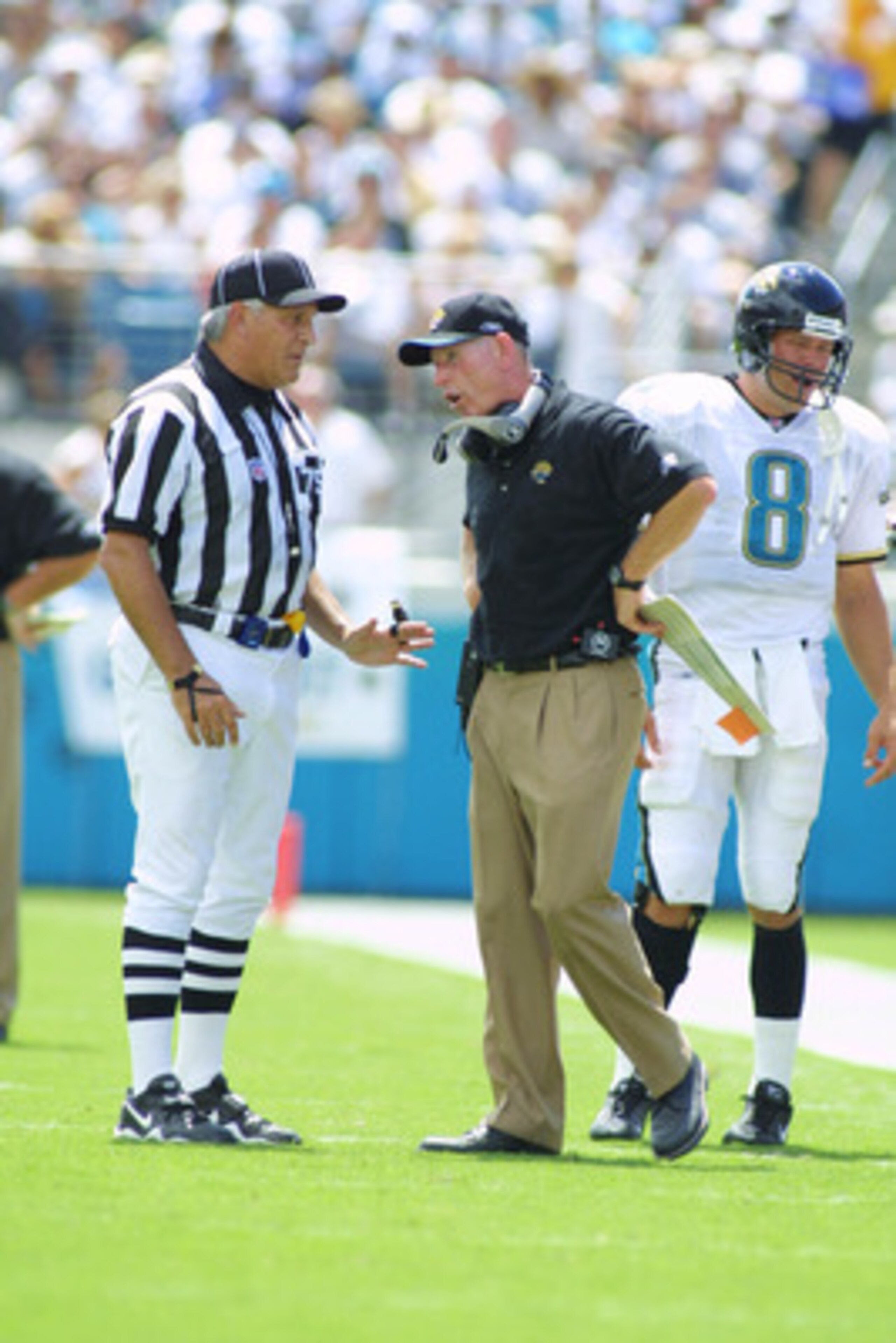 09 Sep 2001:  A replacement official discusses a call with Jaguar Head Coach Tom Coughlin during the game between the Pittsburgh Steelers and the Jacksonville Jaguars at Alltel Stadium in Jacksonville, Florida.  The Jaguars defeated the Steelers 21-3. DIG