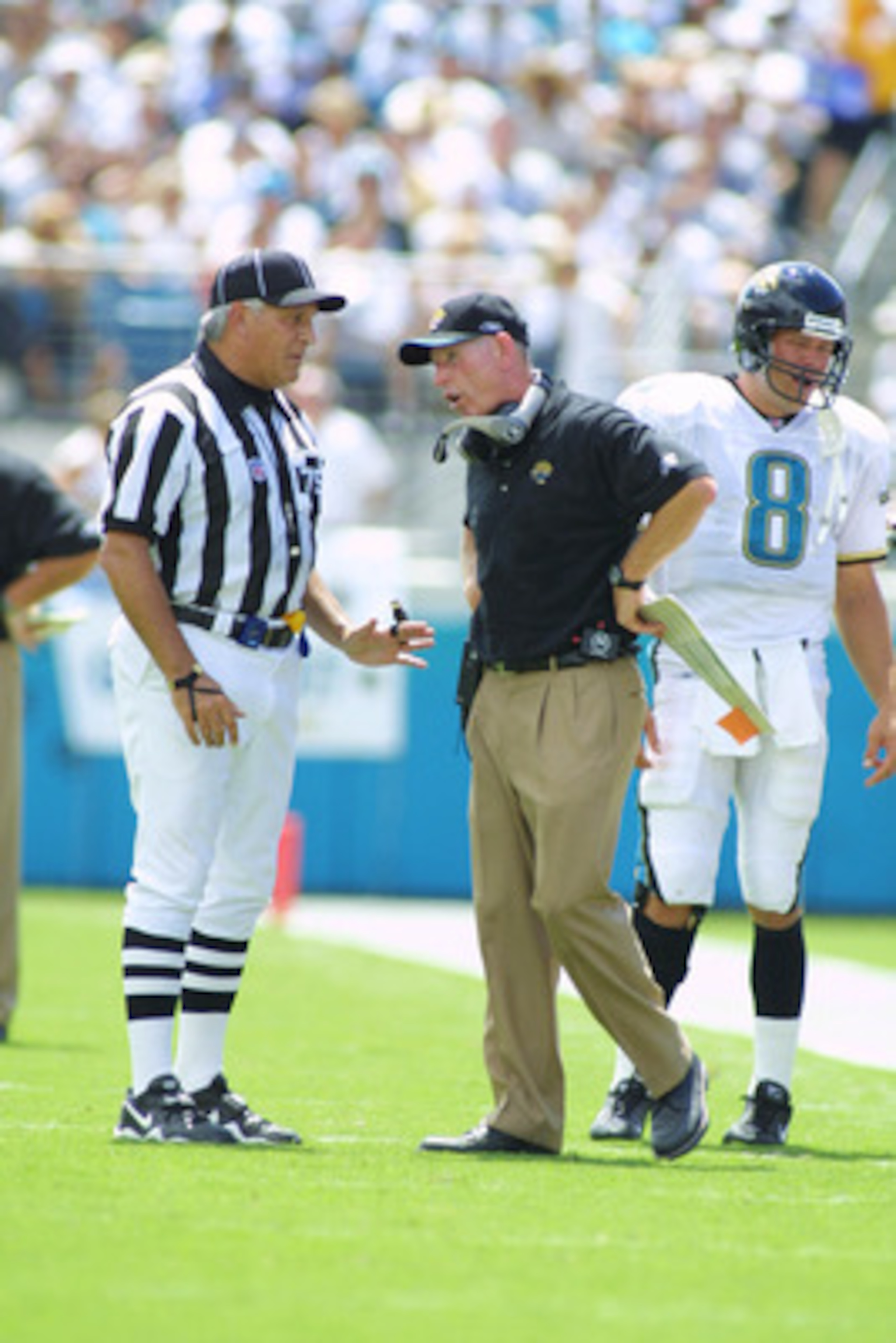 09 Sep 2001:  A replacement official discusses a call with Jaguar Head Coach Tom Coughlin during the game between the Pittsburgh Steelers and the Jacksonville Jaguars at Alltel Stadium in Jacksonville, Florida.  The Jaguars defeated the Steelers 21-3. DIG