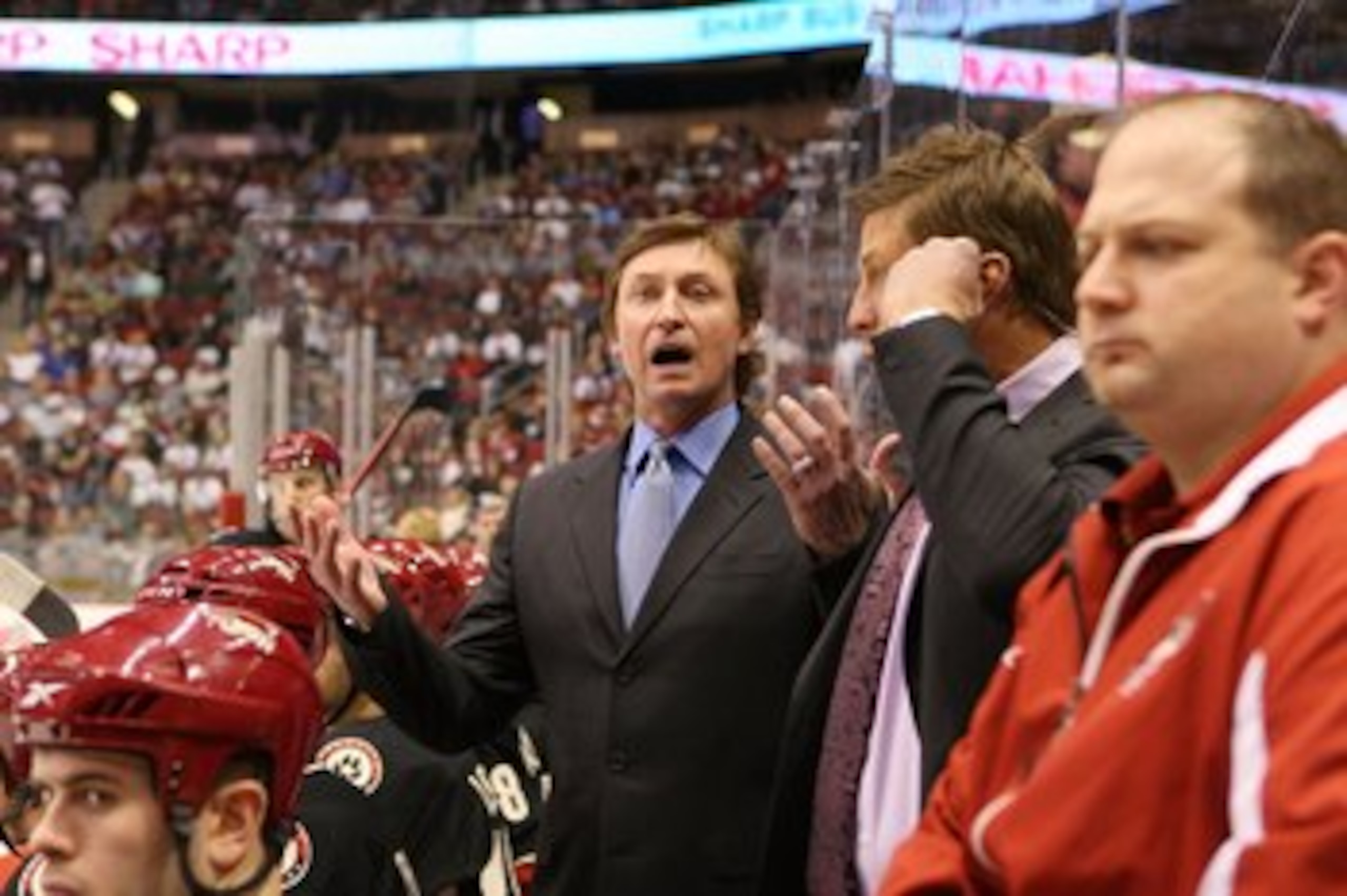 GLENDALE, AZ - FEBRUARY 28:  Head Coach Wayne Gretzky of the Phoenix Coyotes manages his team from behind the bench during his game against the St. Louis Blues on February 28, 2009 at the Jobing.com Arena in Glendale, Arizona.  (Photo by Bruce Bennett/Get