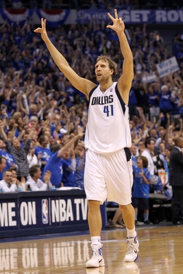 DALLAS, TX - MAY 25:  Dirk Nowitzki #41 of the Dallas Mavericks reacts after making a three-pointer in the fourth quarter while taking on the Oklahoma City Thunder in Game Five of the Western Conference Finals during the 2011 NBA Playoffs at American Airl