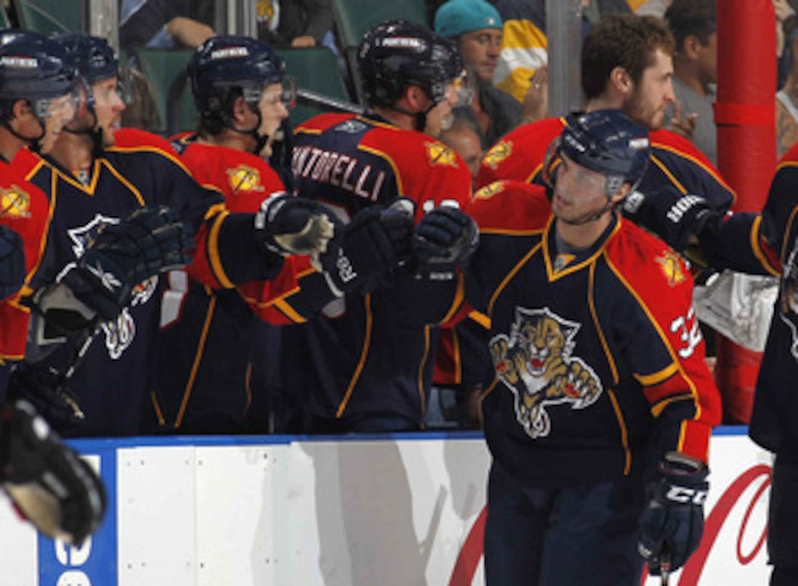 SUNRISE, FL - MARCH 31: Michal Repik #32 of the Florida Panthers is congratulated after scoring a goal against the Ottawa Senators on March 31, 2011 at the BankAtlantic Center in Sunrise, Florida. (Photo by Joel Auerbach/Getty Images)