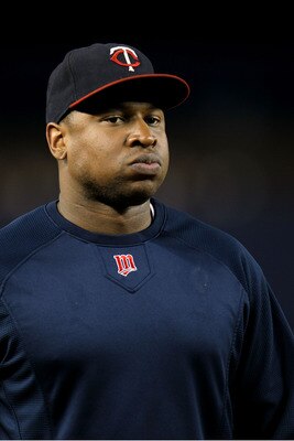 NEW YORK - OCTOBER 09:  Delmon Young #21 of the Minnesota Twins looks on during batting practice against the New York Yankees during Game Three of the ALDS part of the 2010 MLB Playoffs at Yankee Stadium on October 9, 2010 in the Bronx borough of New York