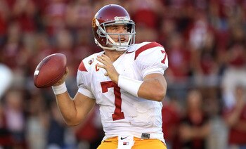 PALO ALTO, CA - OCTOBER 09:  Matt Barkley #7 of the USC Trojans passes the ball during their game against the Stanford Cardinal at Stanford Stadium on October 9, 2010 in Palo Alto, California.  (Photo by Ezra Shaw/Getty Images)