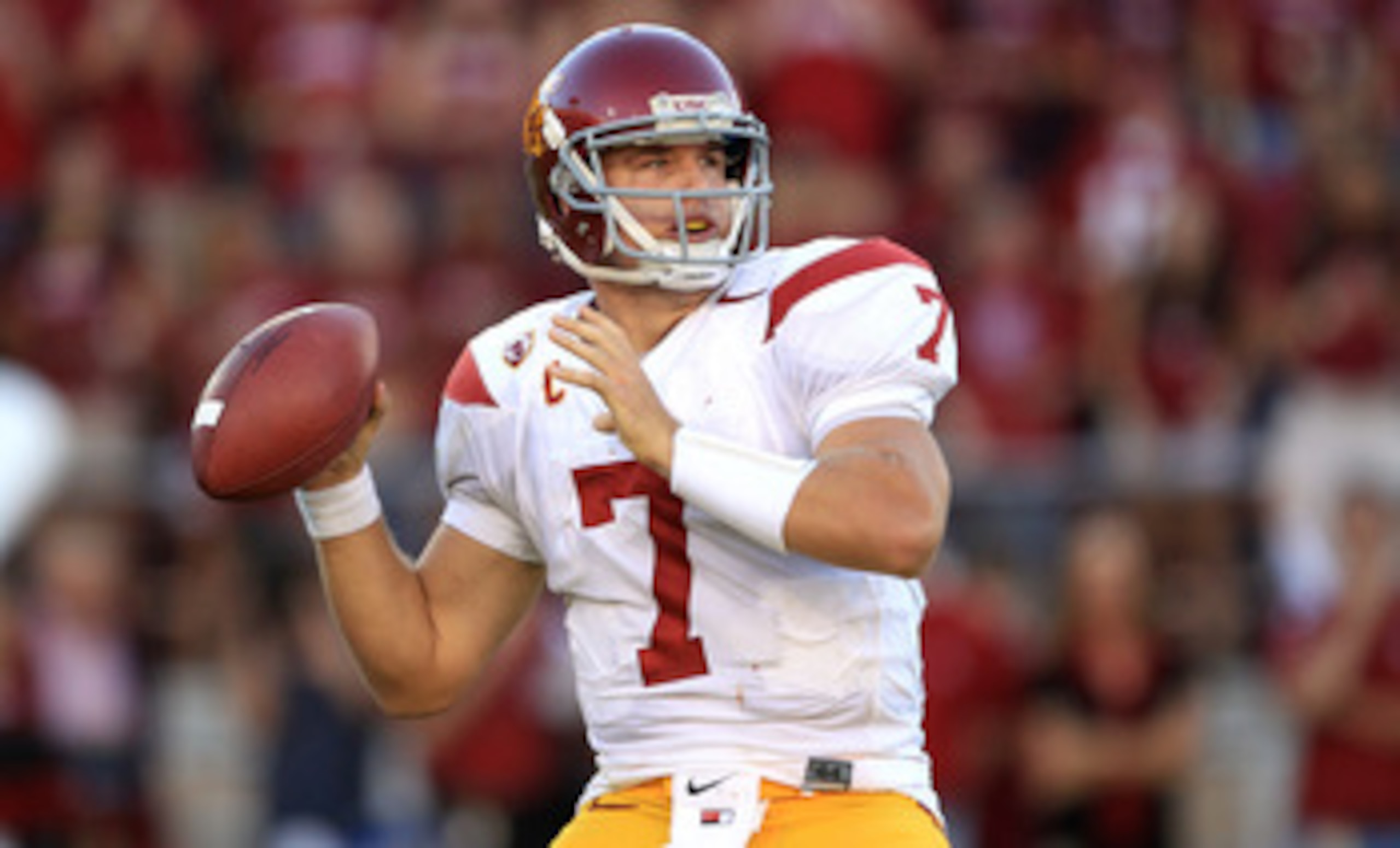 PALO ALTO, CA - OCTOBER 09:  Matt Barkley #7 of the USC Trojans passes the ball during their game against the Stanford Cardinal at Stanford Stadium on October 9, 2010 in Palo Alto, California.  (Photo by Ezra Shaw/Getty Images)