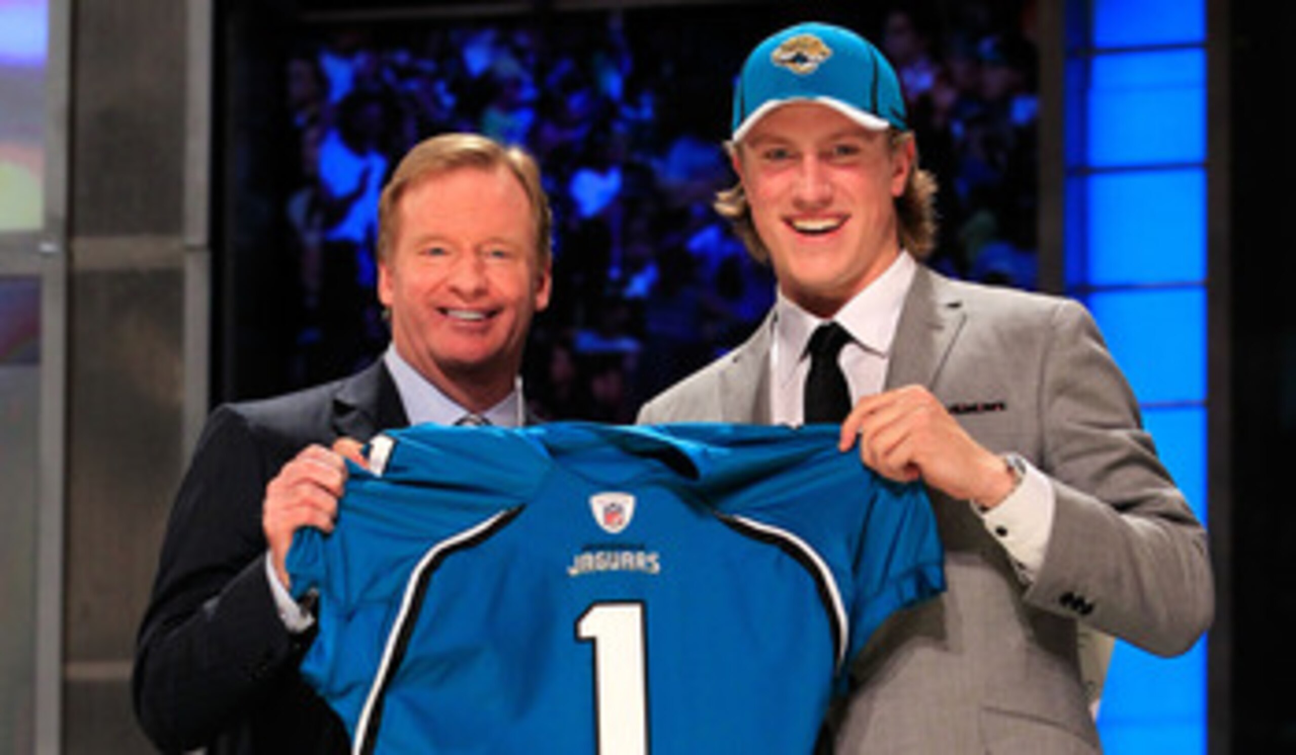 NEW YORK, NY - APRIL 28:  NFL Commissoner Roger Goodell poses for a photo with Blaine Gabbert, #11 overall pick by the Jacksonville Jaguars, holds up a jersey during the 2011 NFL Draft at Radio City Music Hall on April 28, 2011 in New York City.  (Photo b