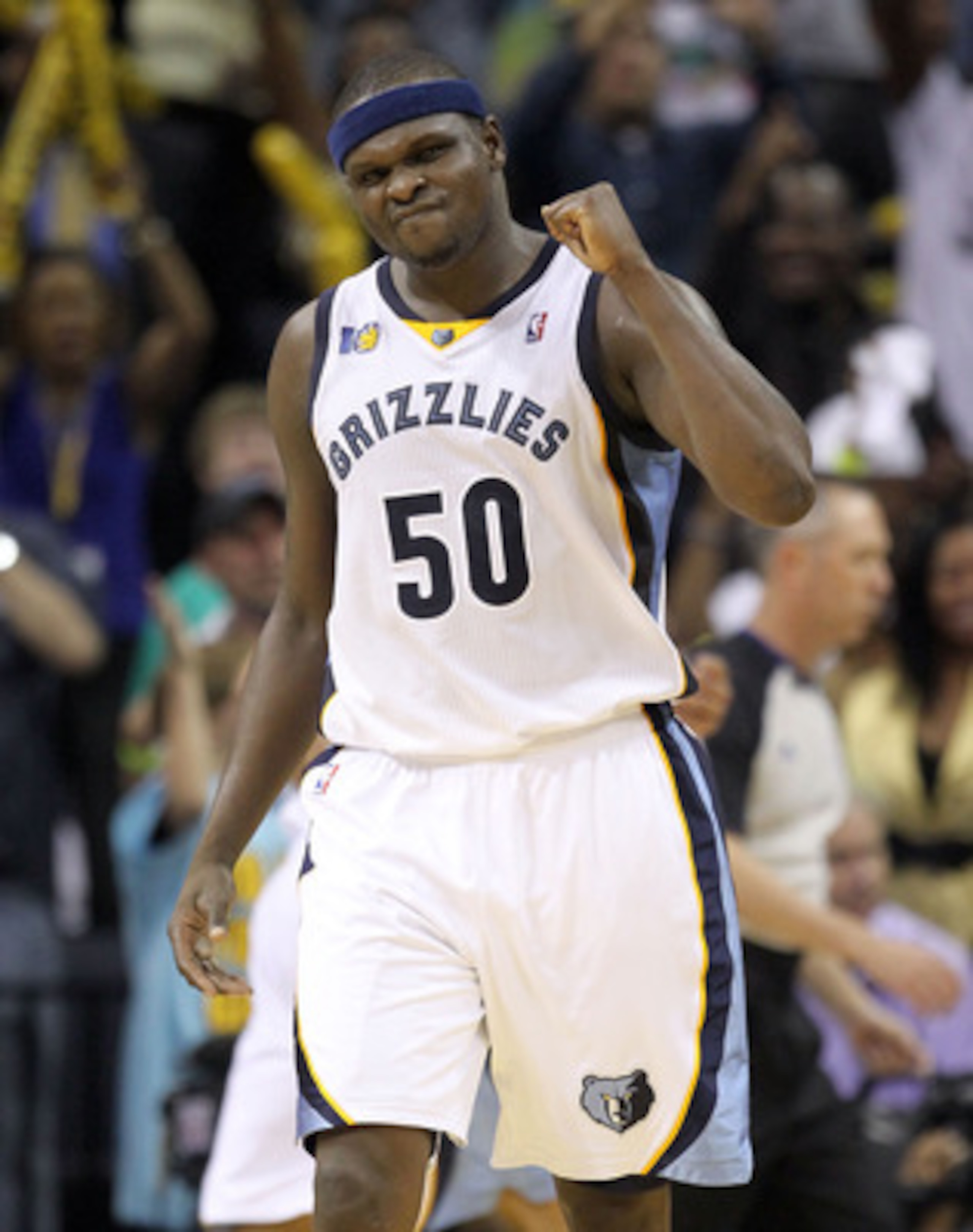 MEMPHIS, TN - APRIL 29:  Zach Randolph #50 of the Memphis Grizzlies celebrates during the Grizzlies 99-91 win over the San Antonio Spurs  in Game Six of the Western Conference Quarterfinals in the 2011 NBA Playoffs at FedExForum on April 29, 2011 in Memph