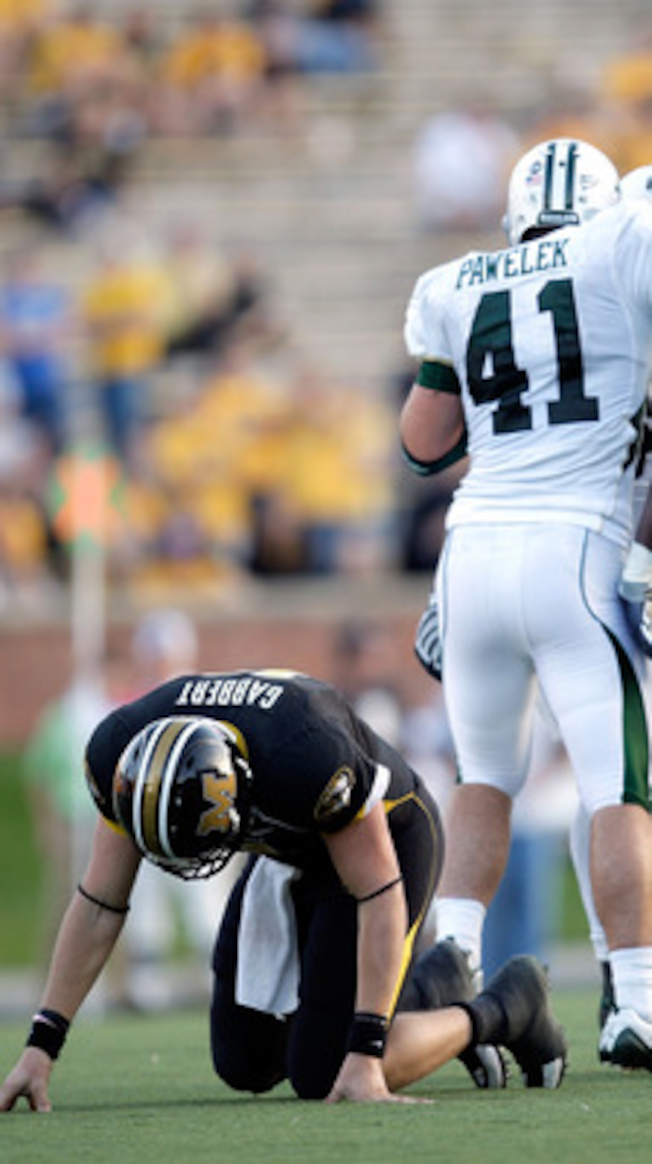 COLUMBIA, MO - NOVEMBER 07:  Baylor Bears players celebrate after sacking quarterback Blaine Gabbert #11 of the Missouri Tigers during the second half of the game at Faurot Field at Memorial Stadium on November 7, 2009 in Columbia, Missouri.  (Photo by Ja