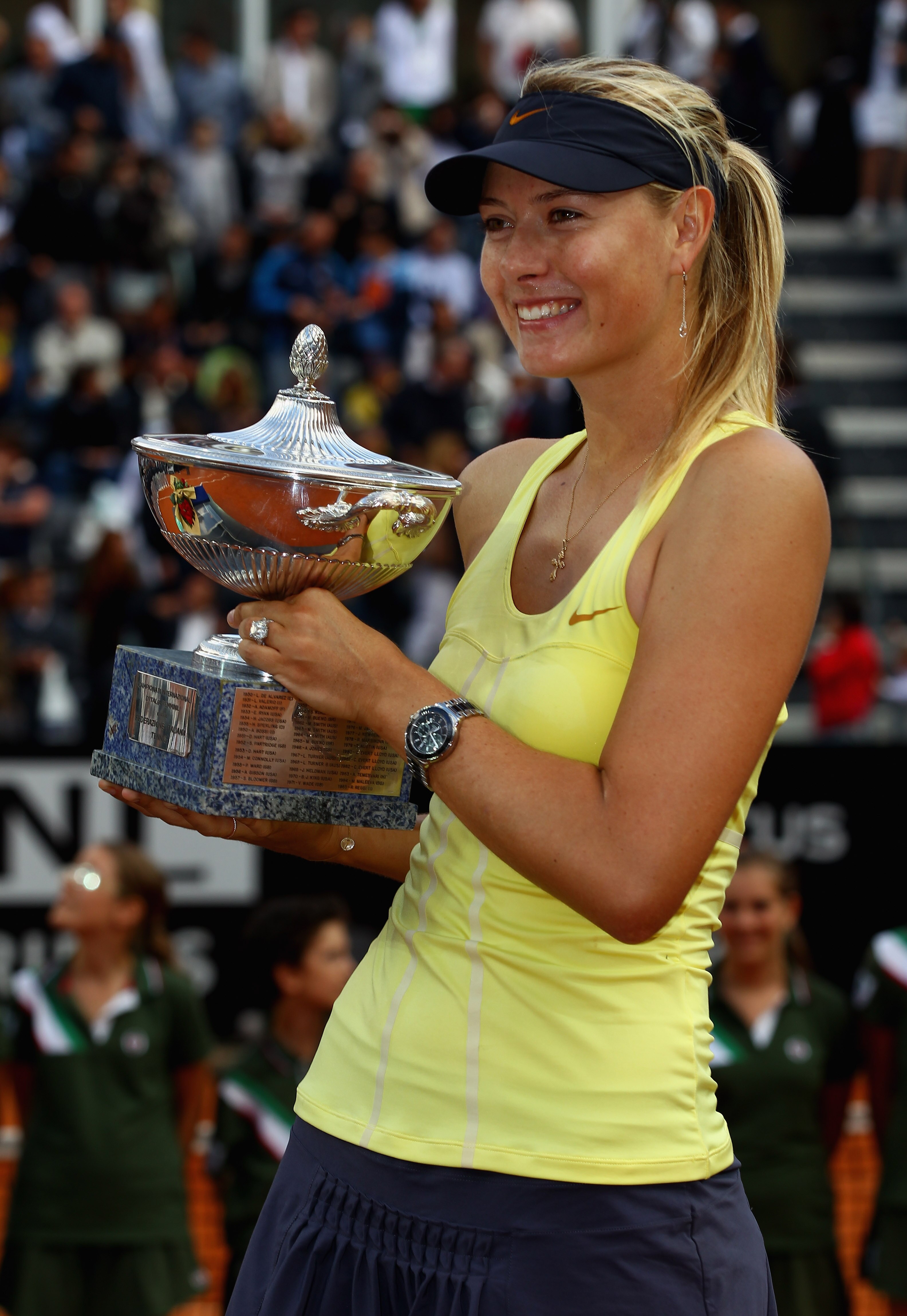ROME, ITALY - MAY 15:  Maria Sharapova of Russia poses with the trophy after her victory in the final against Samantha Stosur of Australia during day eight of the Internazoinali BNL D'Italia at the Foro Italico Tennis Centre on May 15, 2011 in Rome, Italy