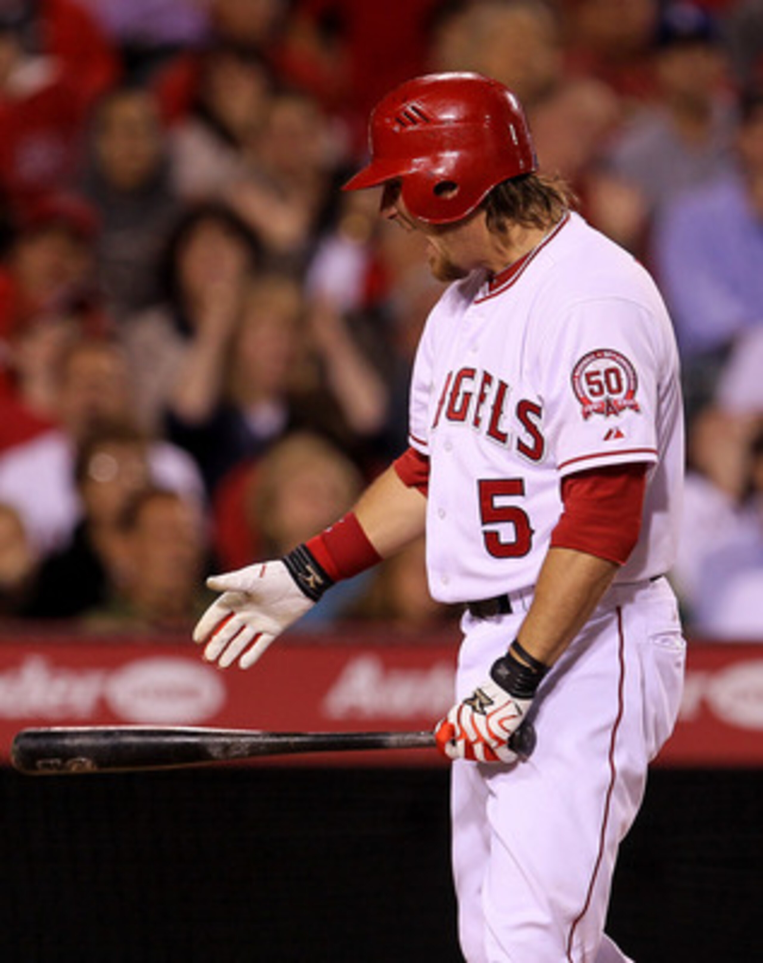 ANAHEIM, CA - MAY 7:  Jeff Mathis #5 of the Los Angeles Angels of Anaheim reacts after striking out to end the sixth inning with two runners on base against the Cleveland Indians on May 7, 2011 at Angel Stadium in Anaheim, California.    (Photo by Stephen