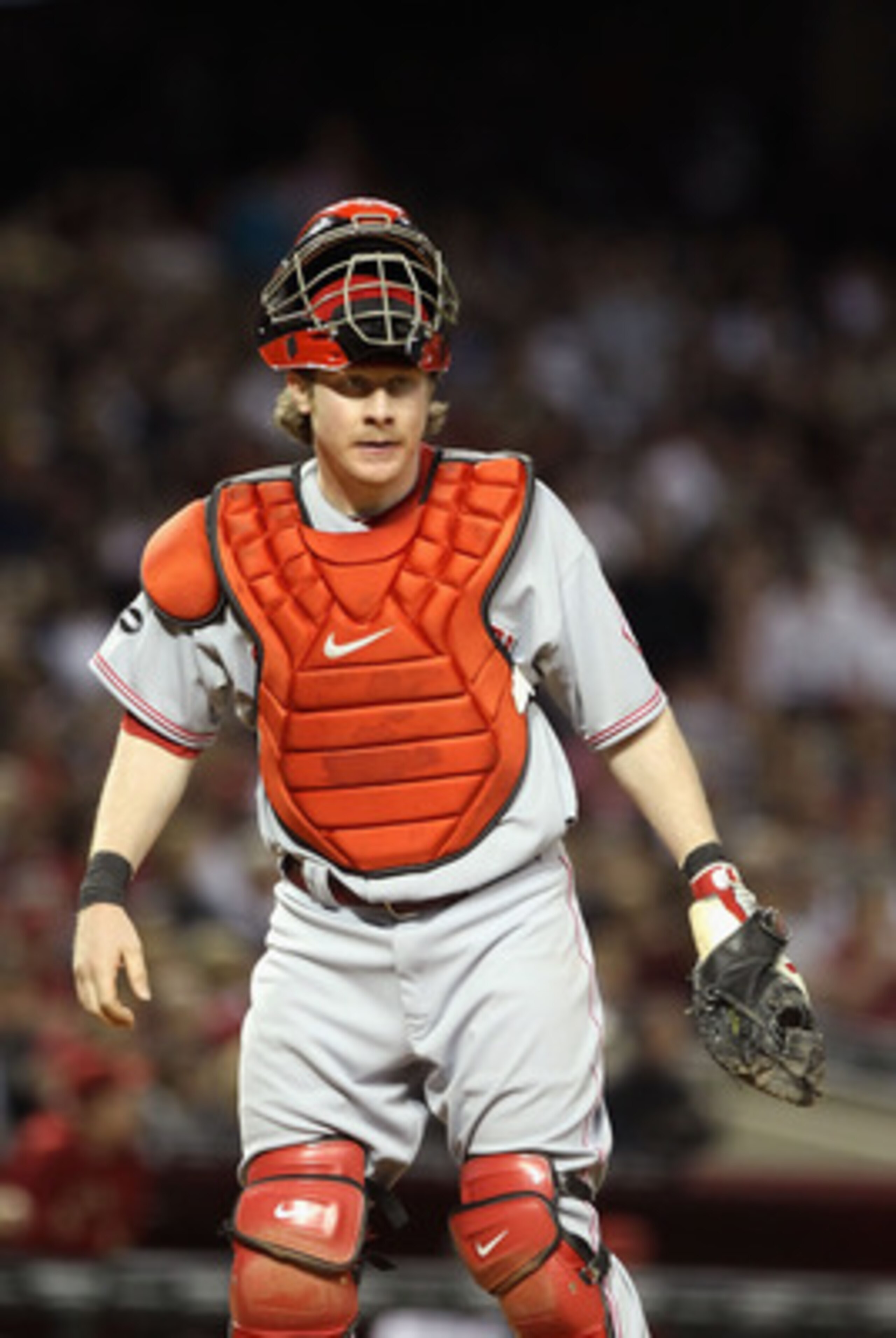 PHOENIX, AZ - APRIL 08:  Catcher Ryan Hanigan #29 of the Cincinnati Reds in action during the Major League Baseball home opening game against the Arizona Diamondbacks at Chase Field on April 8, 2011 in Phoenix, Arizona. The Diamondbacks defeated the Reds