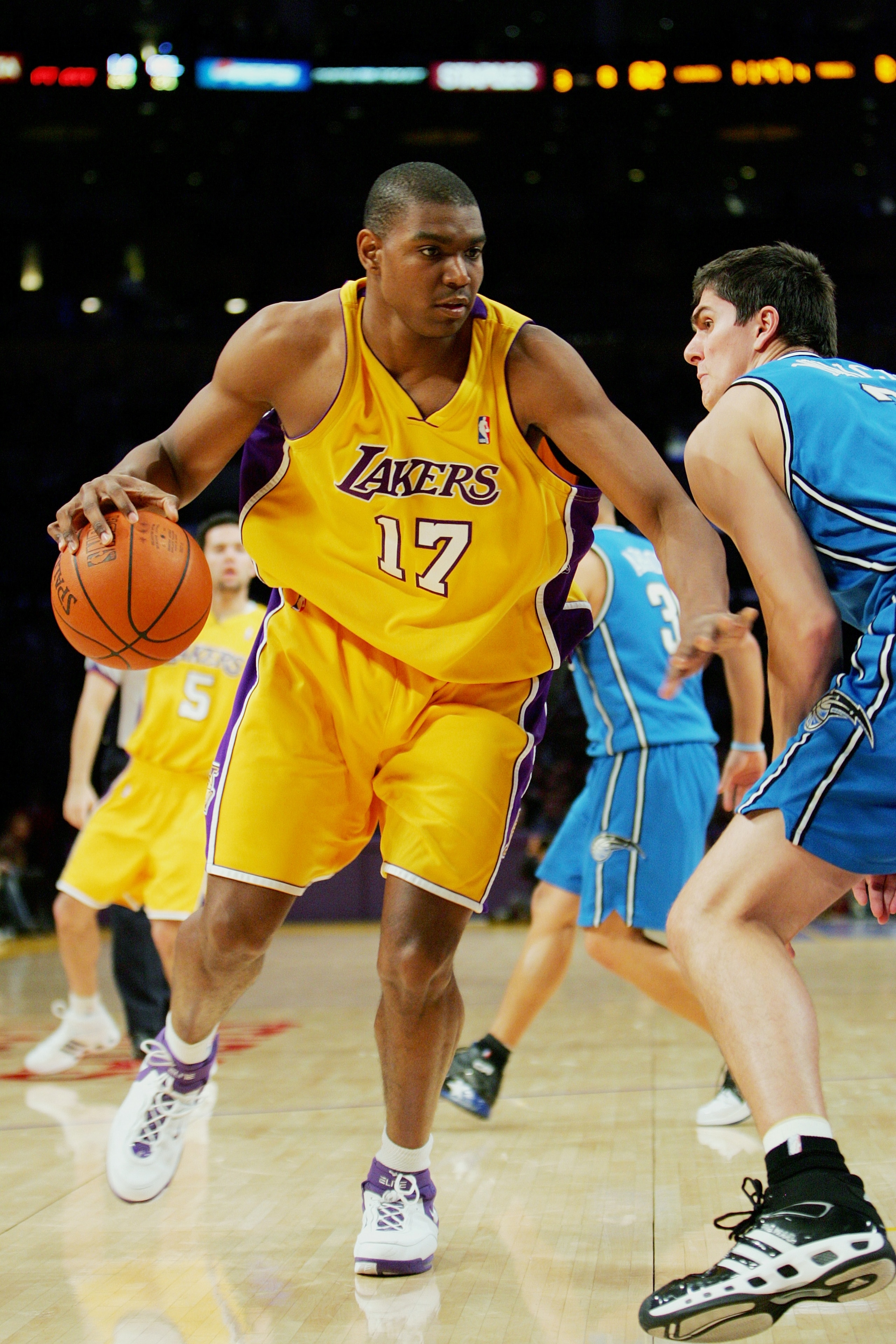 LOS ANGELES - JANUARY 12:  Andrew Bynum #17 of the Los Angeles Lakers moves the ball against the Orlando Magic at Staples Center January 12, 2007 in Los Angeles, California. The Lakers won 109-106. NOTE TO USER: User expressly acknowledges and agrees that