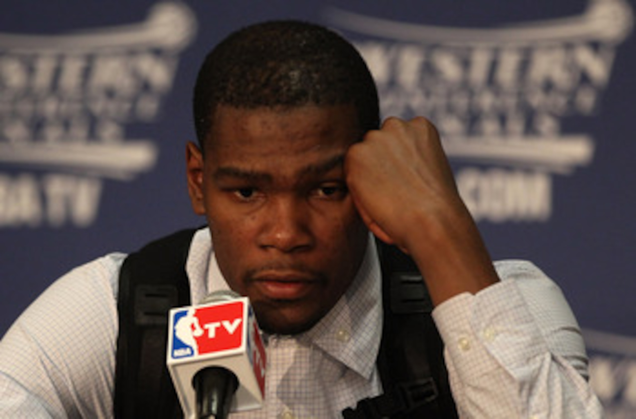 OKLAHOMA CITY, OK - MAY 23:  Kevin Durant #35 of the Oklahoma City Thunder addresses the media after the Dallas Mavericks defeated the Thunder 112-105 in overtime in Game Four of the Western Conference Finals during the 2011 NBA Playoffs at Oklahoma City