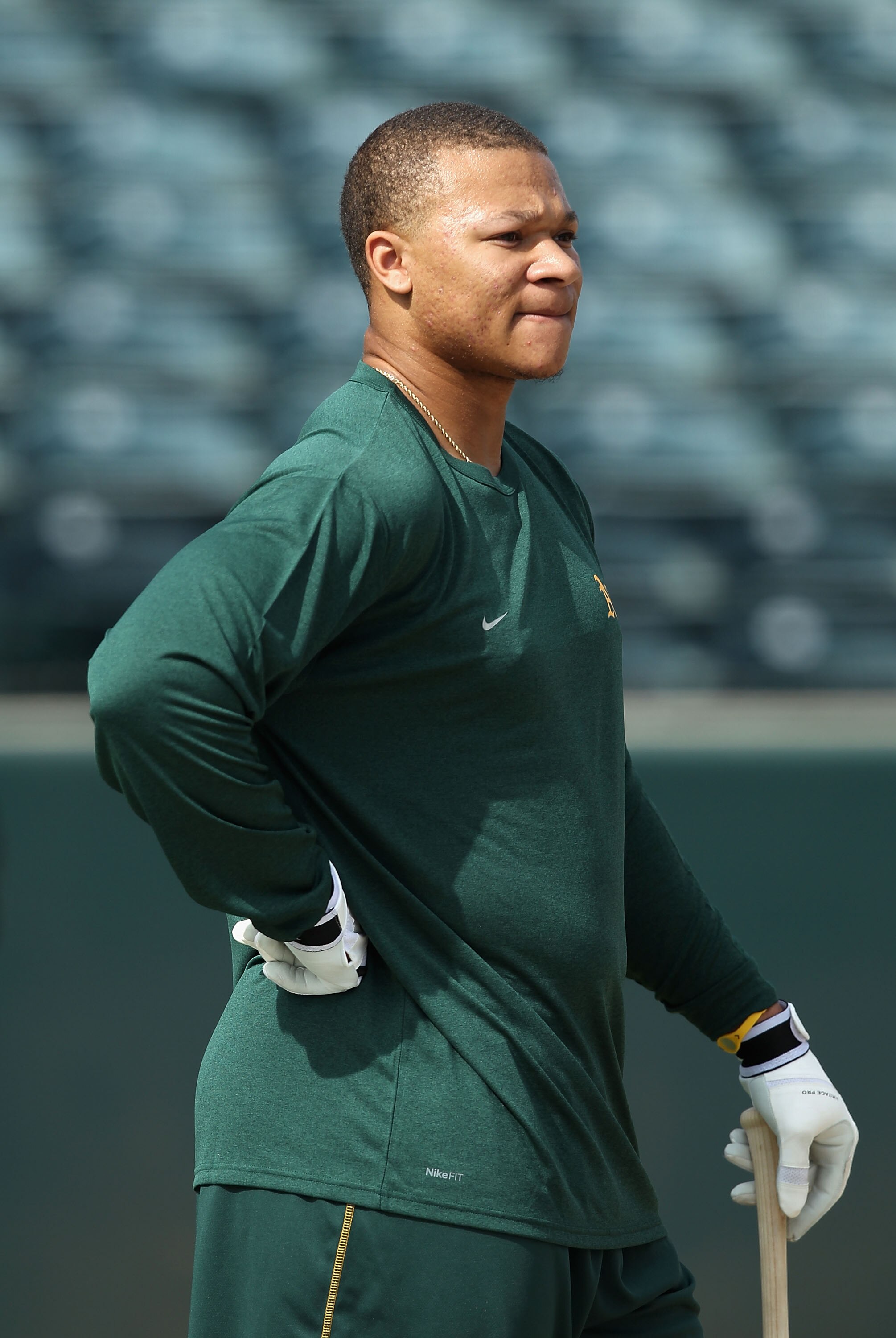 PHOENIX, AZ - FEBRUARY 16:  Michael Choice #17 of the Oakland Athletics takes batting practice during a MLB spring training practice at Phoenix Municipal Stadium on February 16, 2011 in Phoenix, Arizona.  (Photo by Christian Petersen/Getty Images)