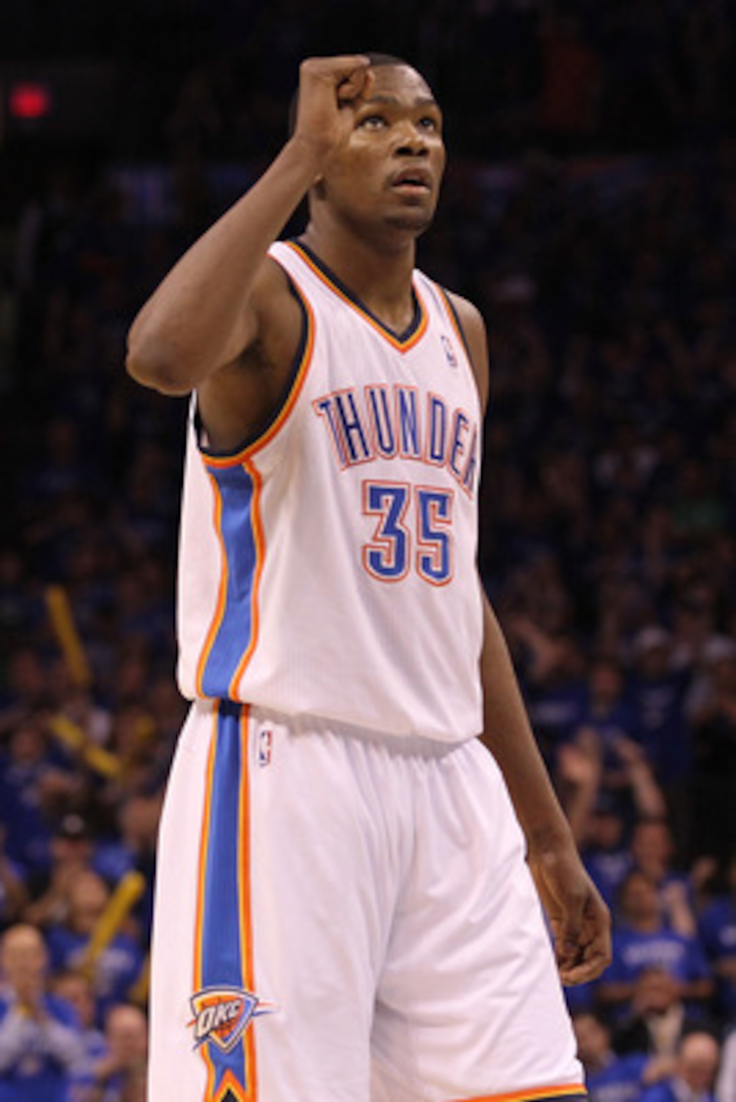 OKLAHOMA CITY, OK - MAY 23:  Kevin Durant #35 of the Oklahoma City Thunder reacts in the first half while taking on the Dallas Mavericks in Game Four of the Western Conference Finals during the 2011 NBA Playoffs at Oklahoma City Arena on May 23, 2011 in O