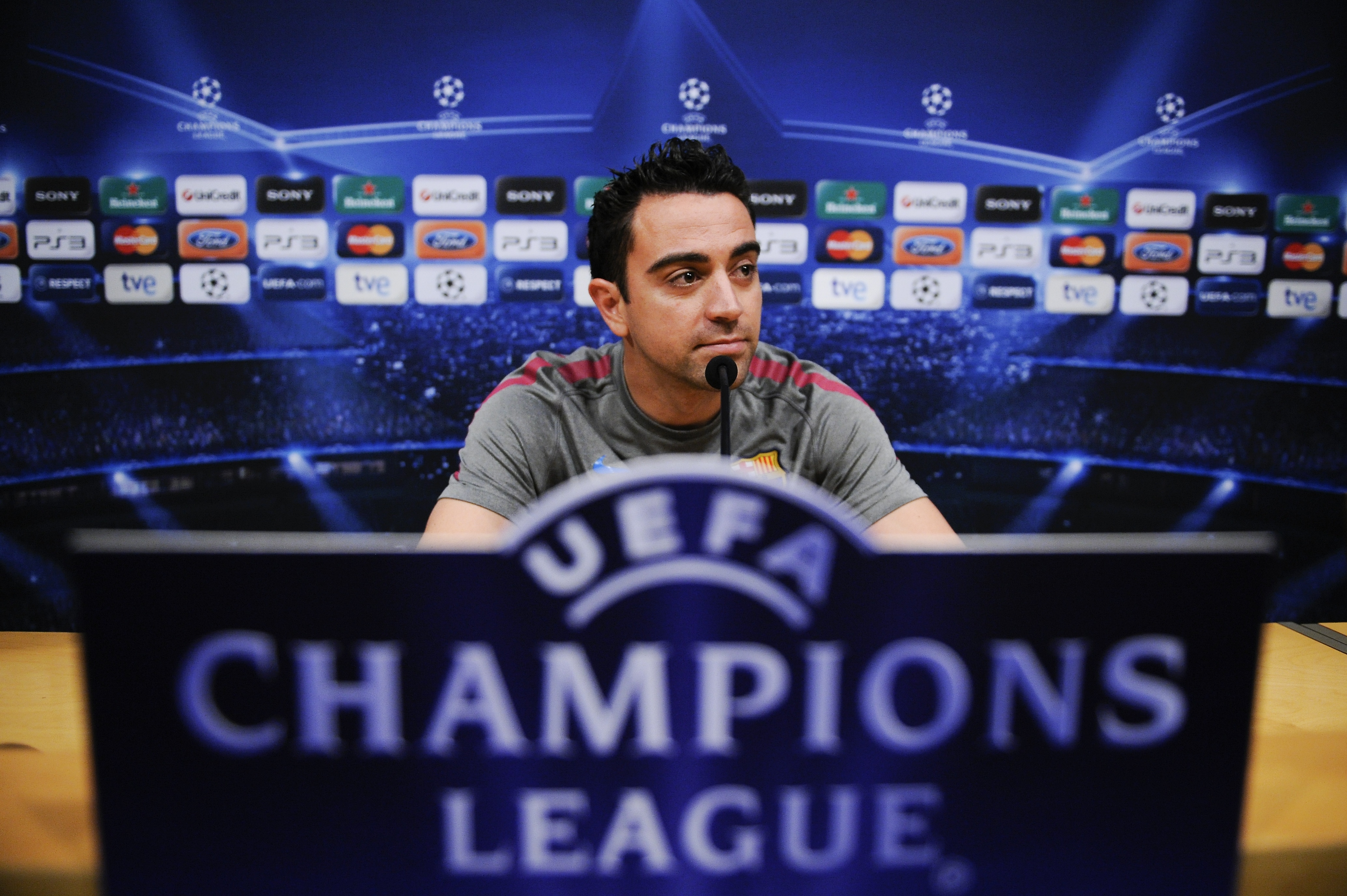 BARCELONA, SPAIN - MAY 02:  Xavi Hernandez of Barcelona attends a press conference at the Camp Nou Stadium, ahead of Barcelona's UEFA Champions League semi-final second leg match against Real Madrid, on May 2, 2011 in Barcelona, Spain.  (Photo by David Ra